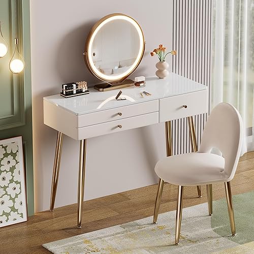 Escritorio de tocador con espejo y luces| Juego de tocador de maquillaje moderno beige de 39 pulgadas con cajones y silla ajustable | Tocador blanco