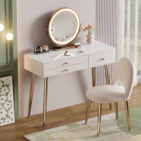 KDCAS Modern Vanity Desk with Mirror and Lights, White and Gold Dressing Table for Small Spaces & Bedroom