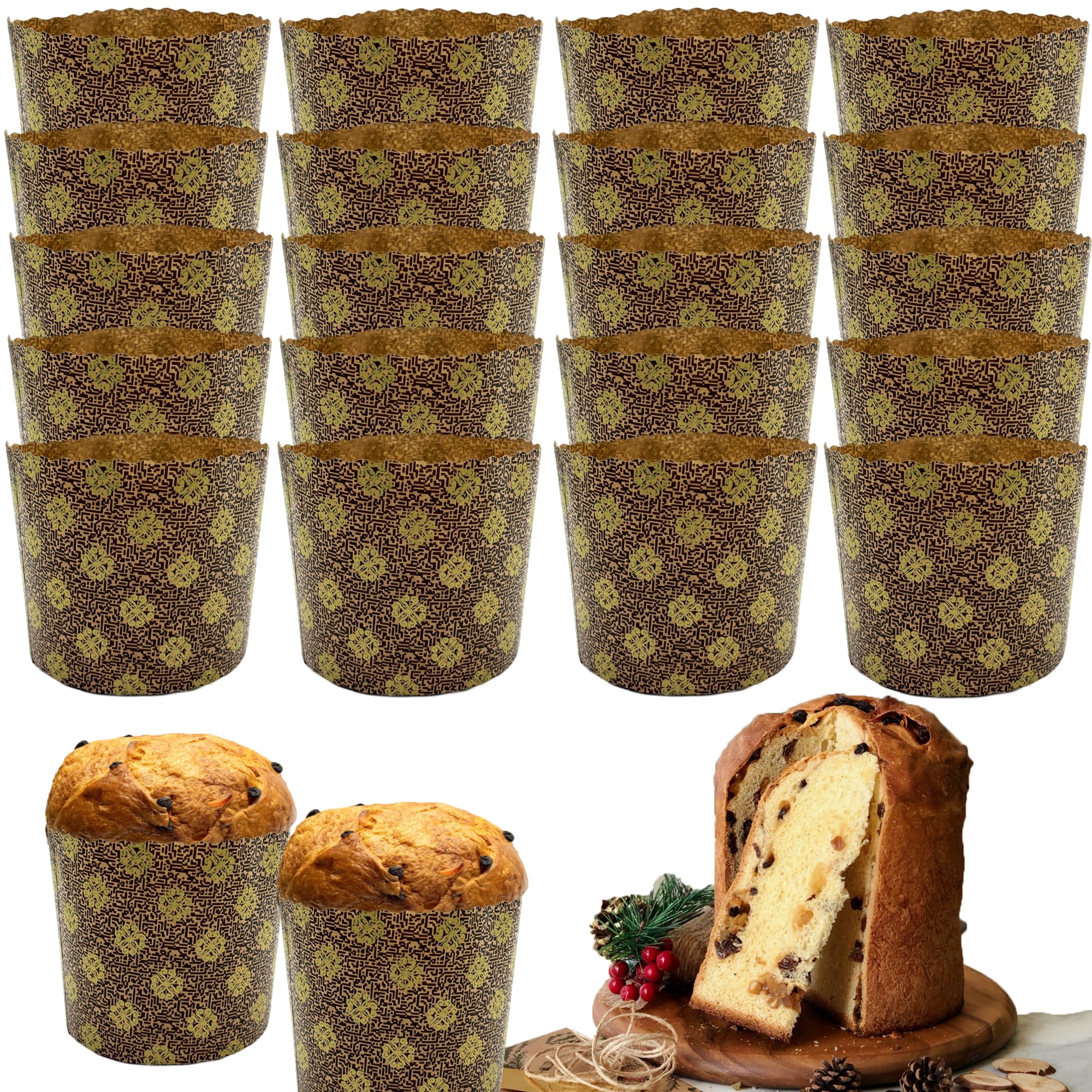 DHER 20 pcs Panettone-Form Panettone Backform aus Papier Panettone-Förmchen aus reinem Zellstoff Hochtemperaturbeständige Panettone Kuchenpapierträger Weihnachtsbrot Pappbecher (Gold, 90 * 85 mm)
