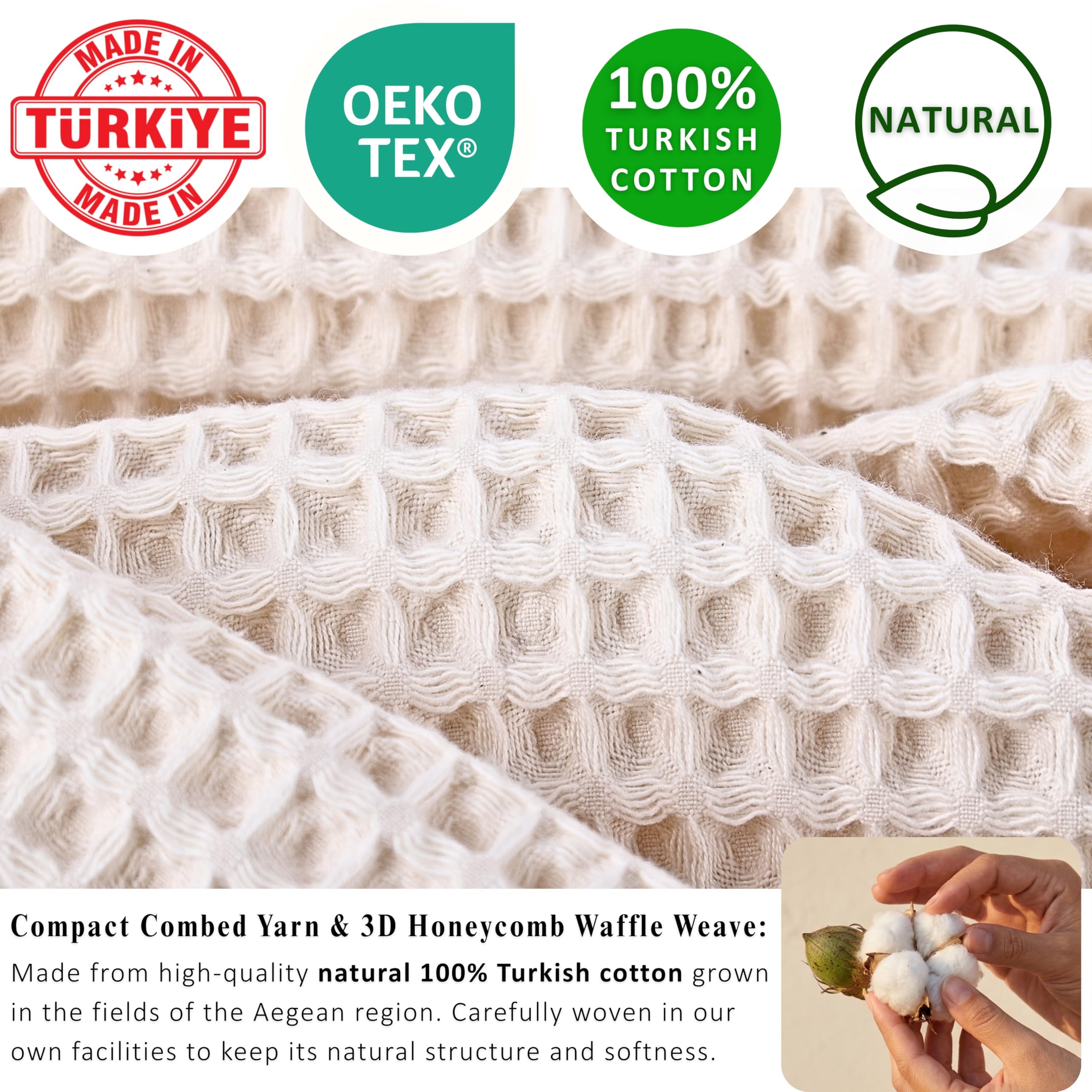 PÜSKÜL - Set di 4 asciugamani a nido d'ape biologici non tinti | 100% cotone turco naturale di lusso, 2 asciugamani per le mani e 2 asciugamani da bagno, asciugamani da bagno assorbenti ad asciugatura