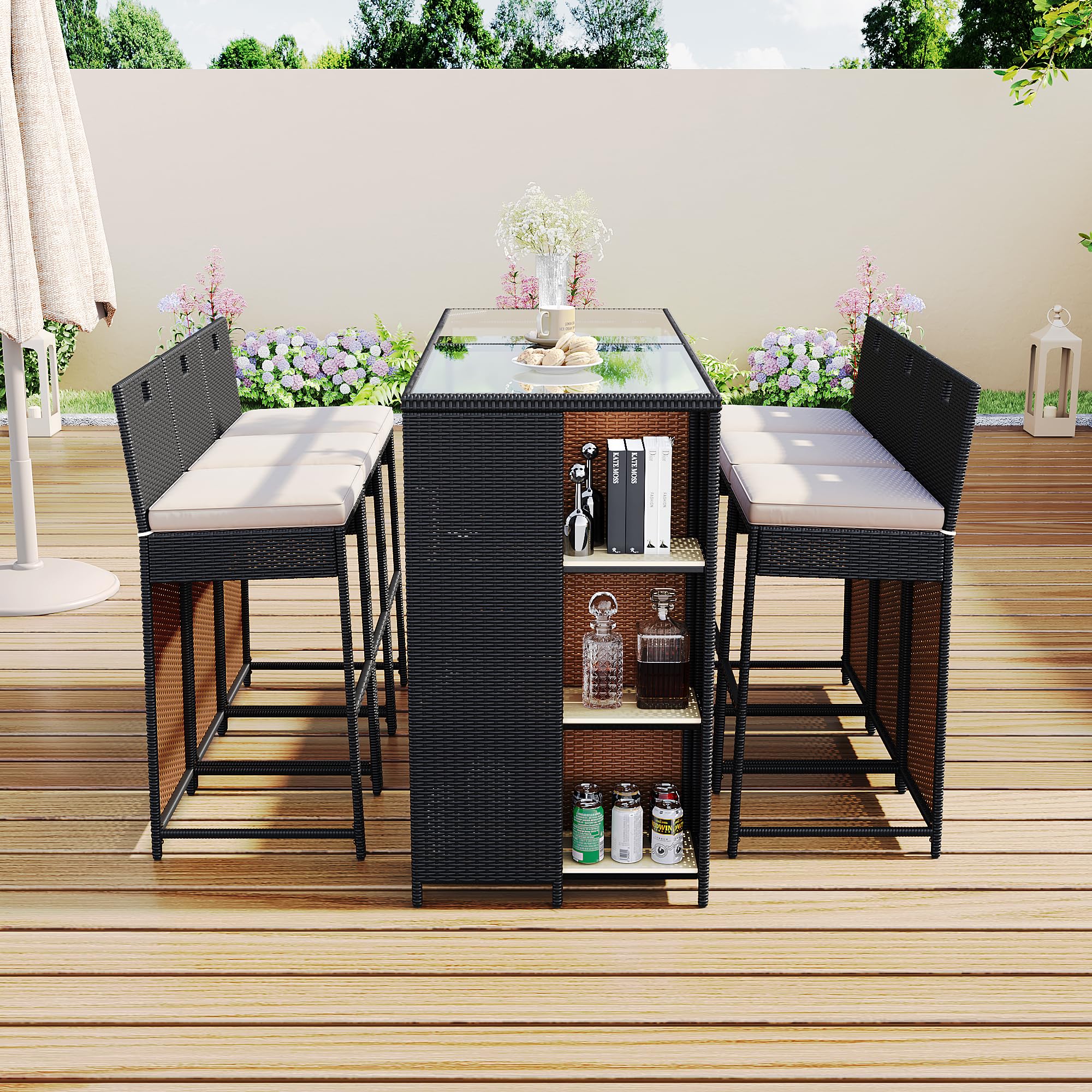 Merax Ensemble bar jardin 7 pièces 6 tabourets hautes polyrotin noir marron foncé