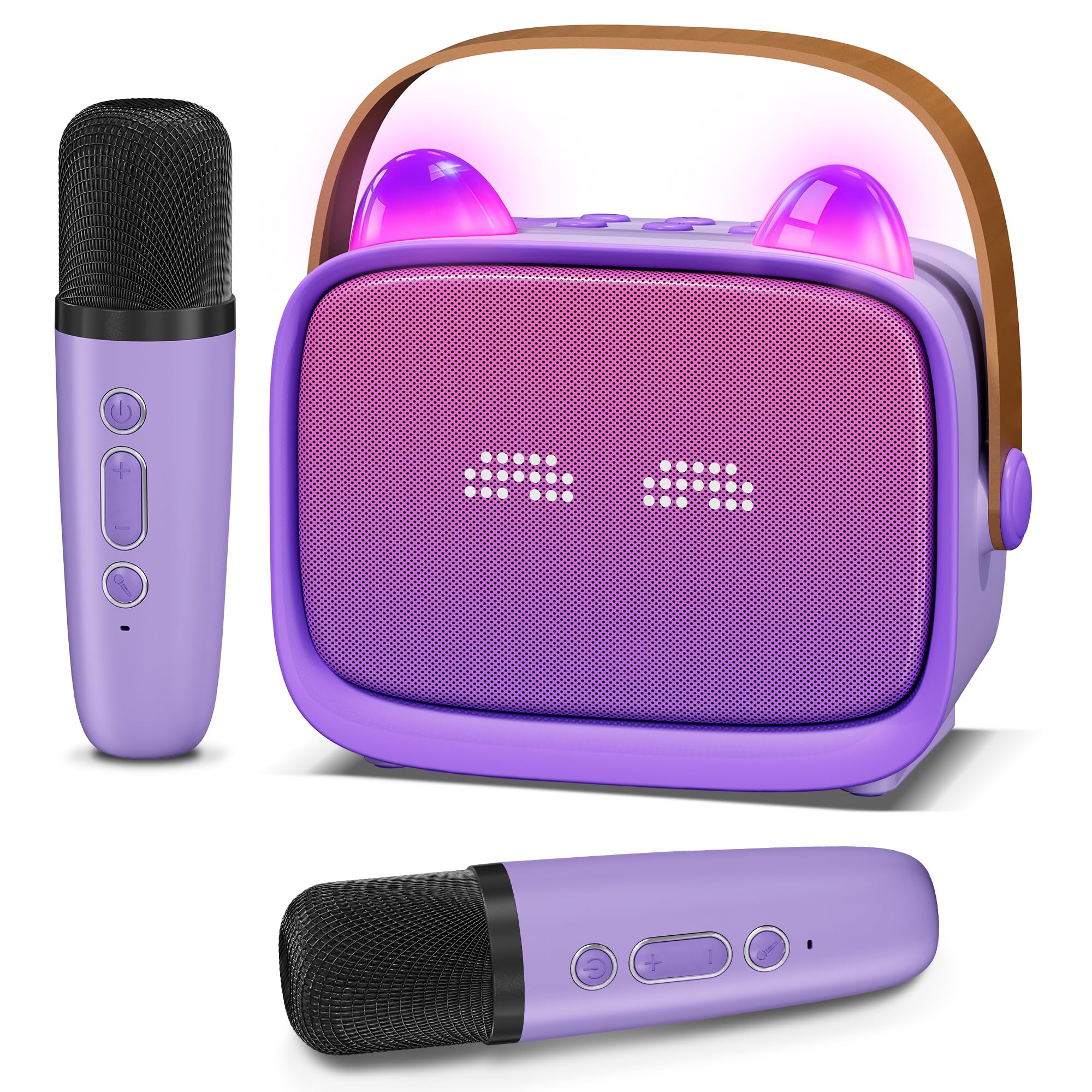 Karaoke Maschine für Kinder mit 2 Kabellosen Mikrofonen, Bluetooth Lautsprecher mit LED Licht, Emoji Display, Stimmeffekten, Handyhalter, Geschenk für Mädchen Jungen, Lila