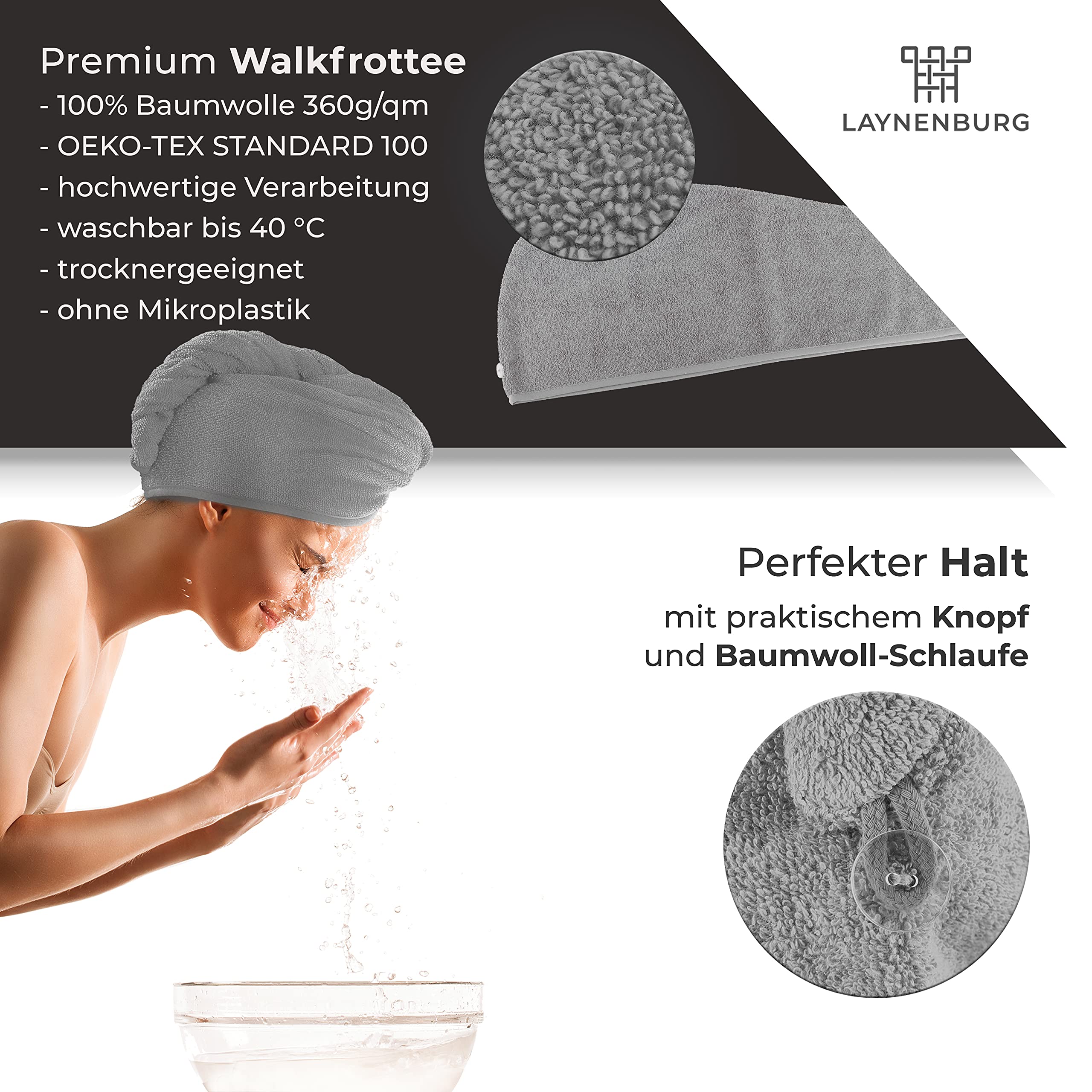 LAYNENBURG 2er-Set Premium Haarturban mit Knopf aus 100% Baumwolle - Haarhandtuch - für Kurze und Lange Haare – Turban Handtuch ist schnelltrocknend und saugstark (grau)