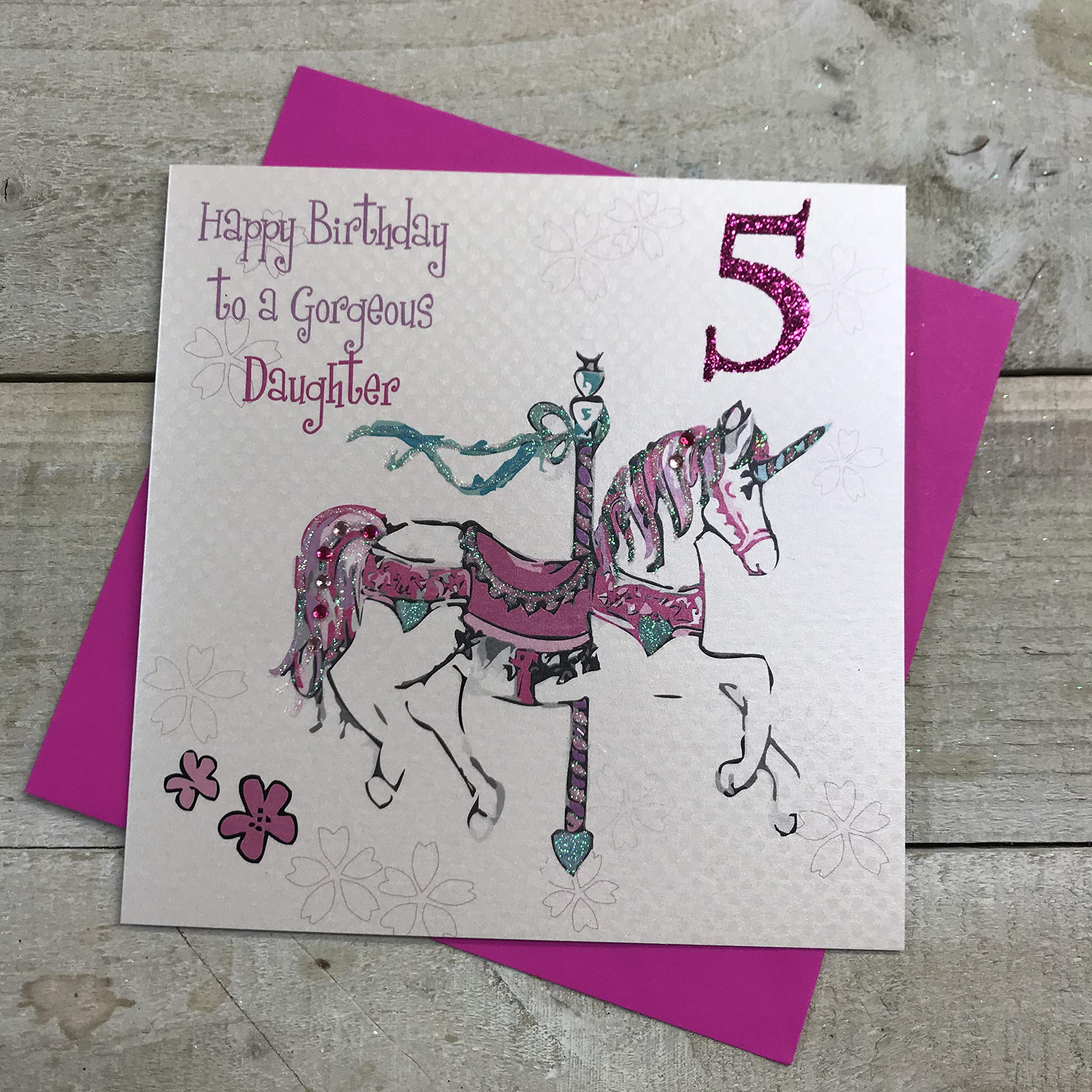 WHITE COTTON CARDS Carousel Happy Birthday To A Gorgeous Daughter Handmade 5th Birthday Card, GLA5d