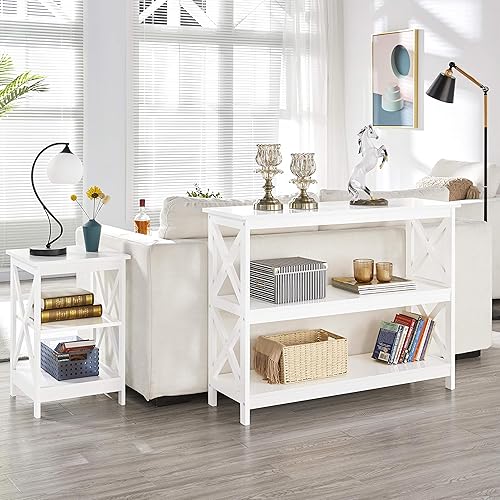 Miniatura 4 de Yaheetech Mesa auxiliar auxiliar de sofá con estante de almacenamiento de 3 niveles para sala de estar, espacio estrecho, color blanco