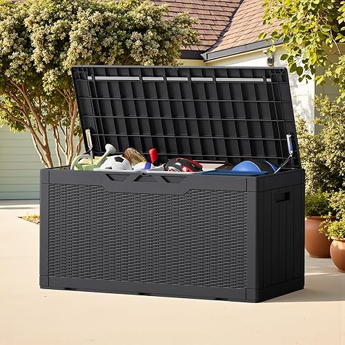 Vista 91 de Greesum Caja de resina de 31 galones para todo tipo de clima, cajas de almacenamiento al aire libre para muebles de patio, juguetes al aire libre