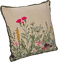 Creative Co-Op 18x18 Cotton Slub Flower Pillow with Embroidery, Beads & Lace Trim - Multicolor Cottagecore Decor