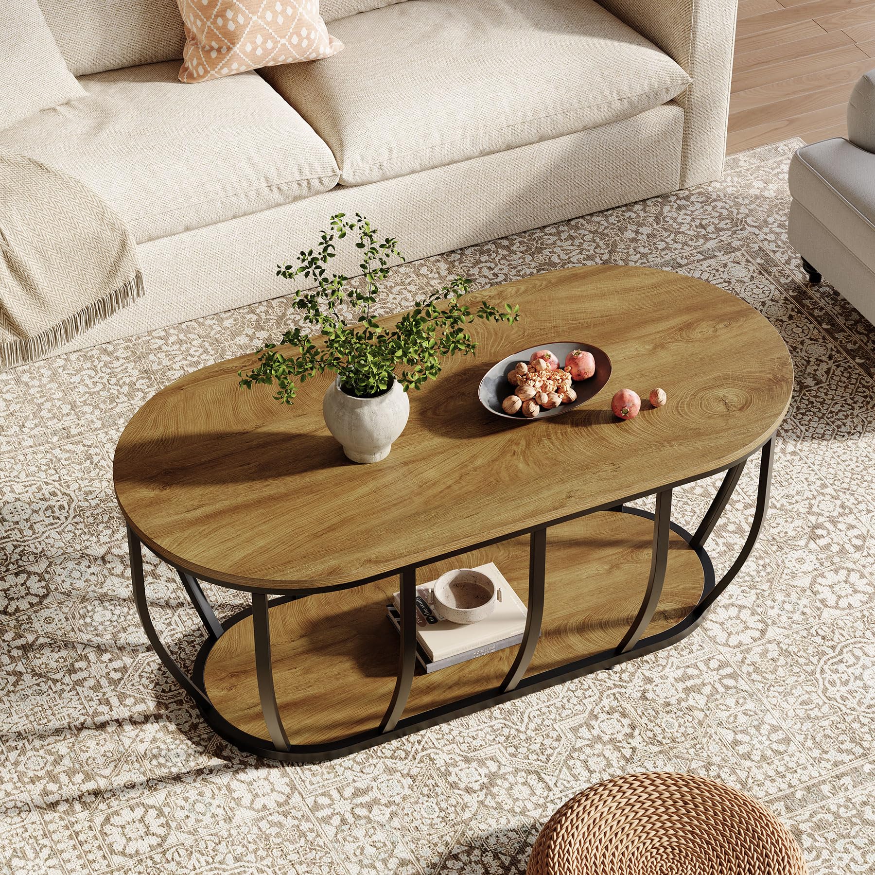 Tribesigns Coffee Table with Storage, 120 cm Industrial Oval Living Room Table, Wooden Center Tea Table with Curved Metal Base for Living Room, Home Office, Easy Assembly, Rustic Brown