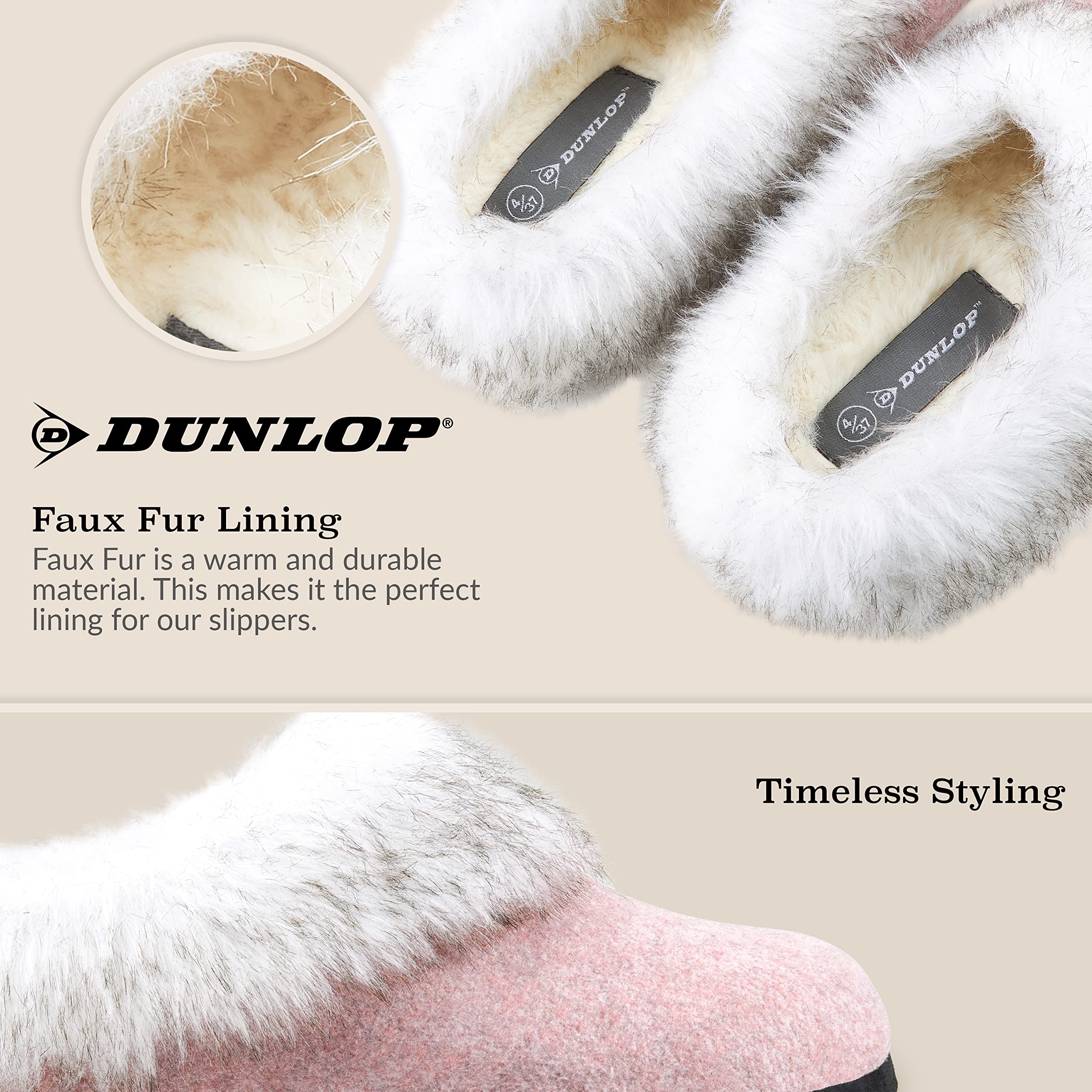 DUNLOP Pantofole Donna, Ciabatte Pelose Donna Invernali da Casa Antiscivolo con Suola in Gomma
