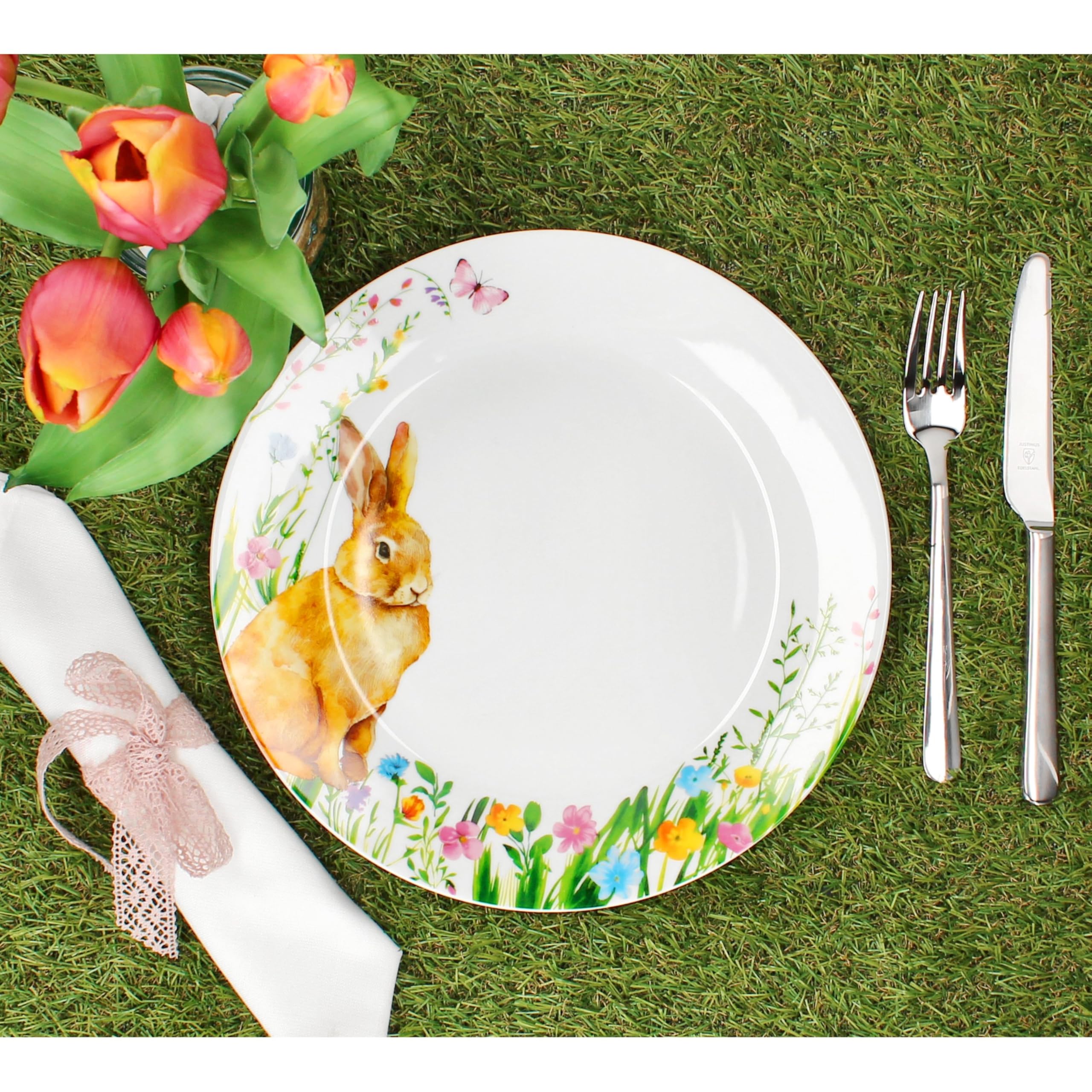 MamboCat Set di 6 piatti piani Osterfreude I Ø 27 cm I piatti in porcellana primaverile con decorazione coniglietto pasquale per 6 persone, piatti grandi per pasti principali, grigliate e così via.