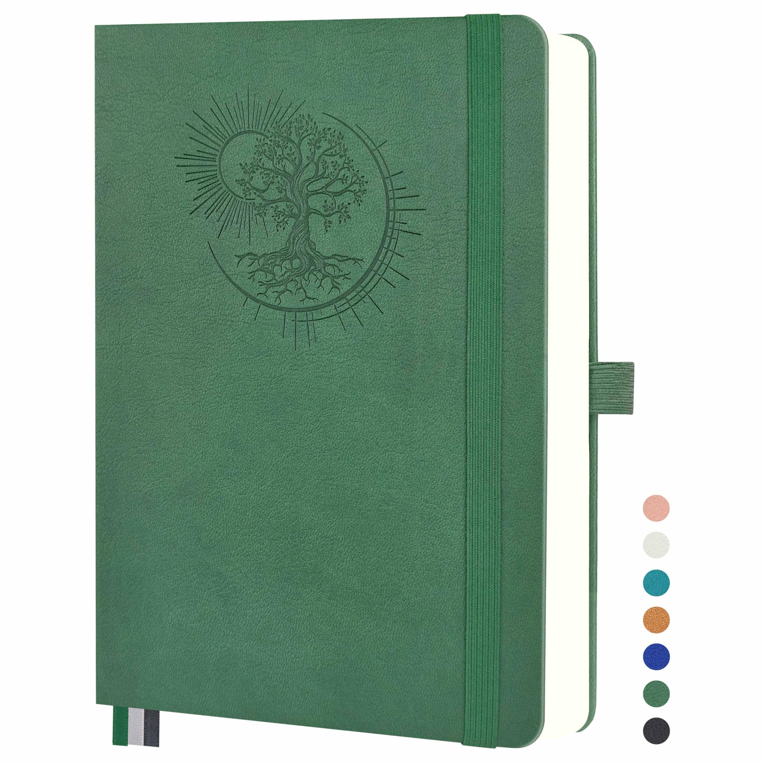 Mlife Notizbuch A4 mit Lebensbaum-Design–360 Seiten,100g Papier,PU-Cover,elastisches Band,Stifthalter,3 Lesezeichen–Ideal für Beruf, Studium & Geschenk(Dunkelgrün)