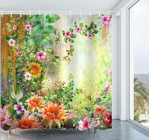 Miniatura 2 de Cortina de ducha floral acuarela abstracta hojas verdes prado tela de poliéster juego de cortina de ducha de baño decoración con ganchos, 72 x 72