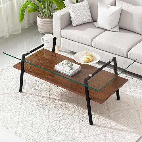 Miniatura 35 de Mesa de centro de cristal para sala de estar, mesa de centro de 2 niveles de mediados de siglo, mesa central con parte superior de vidrio templado