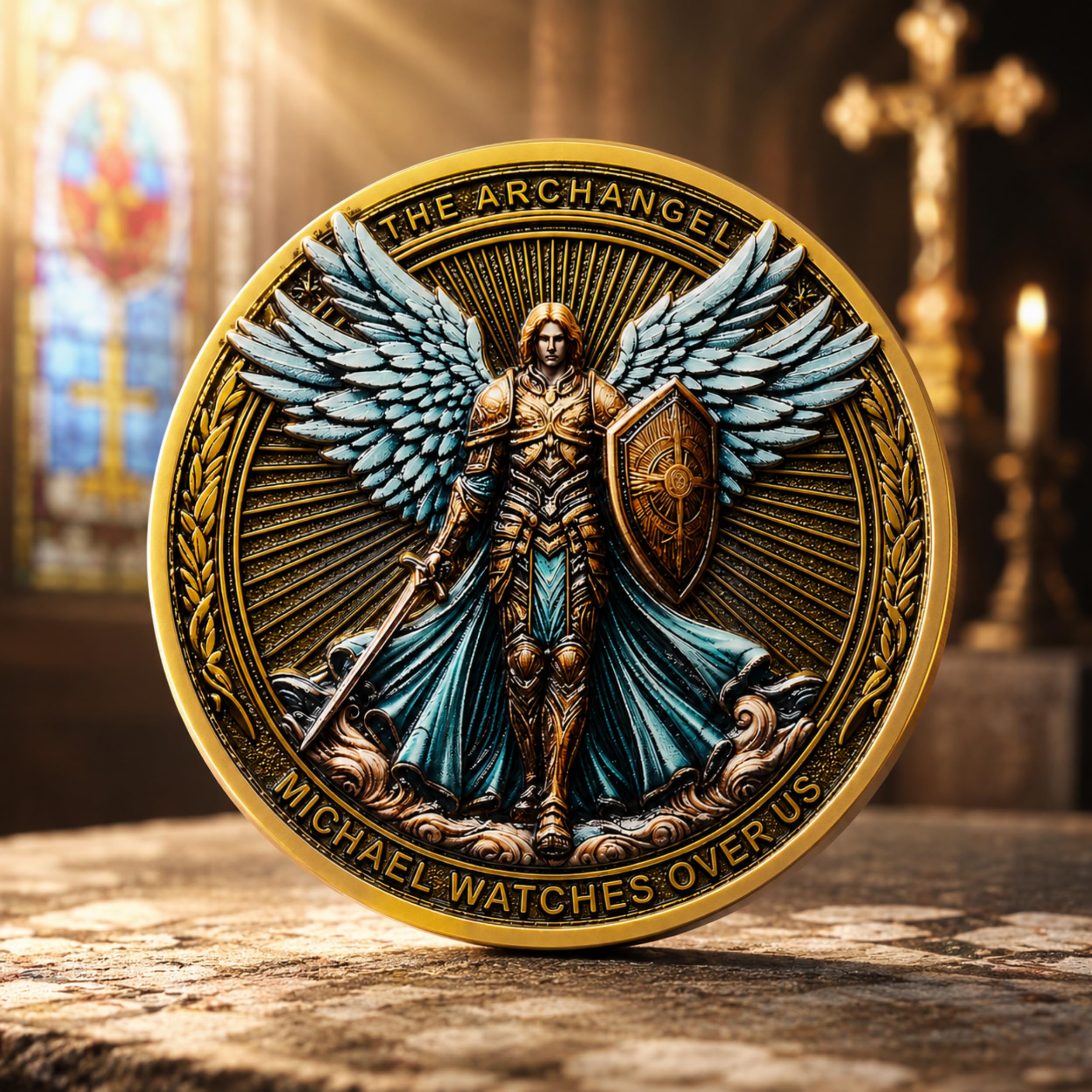 Moneda de desafío del Arcángel Miguel, bendecida en Tierra Santa, Hecha a Mano, Salmo 91:10-11. Colección Religiosa con Estuche Protector. Original con Bolsa de Regalo y Certificado.