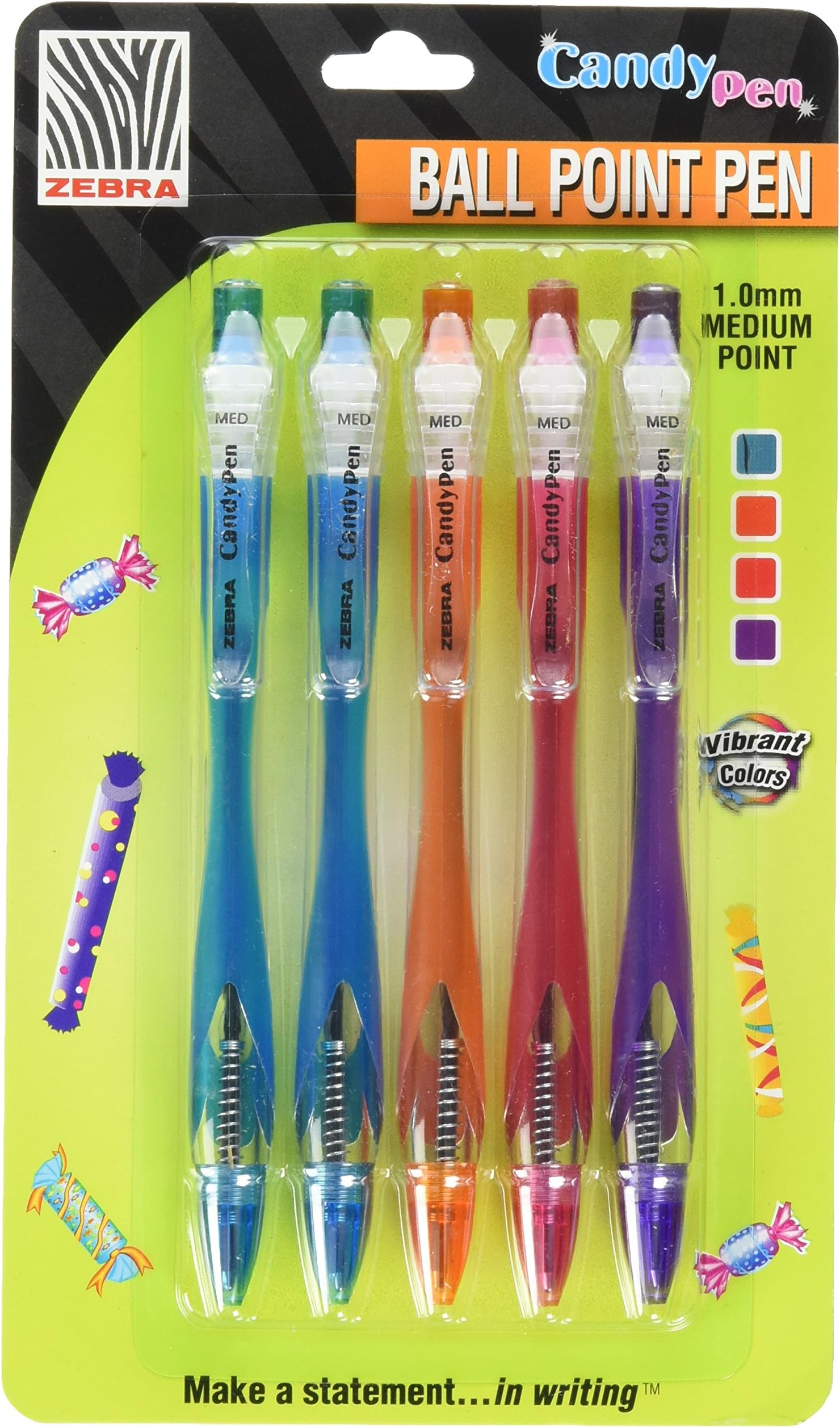 Zebra Candy Pen Retractable Ballpoint Pen, 1.0mm, Assorted, 5 Pack (23205)