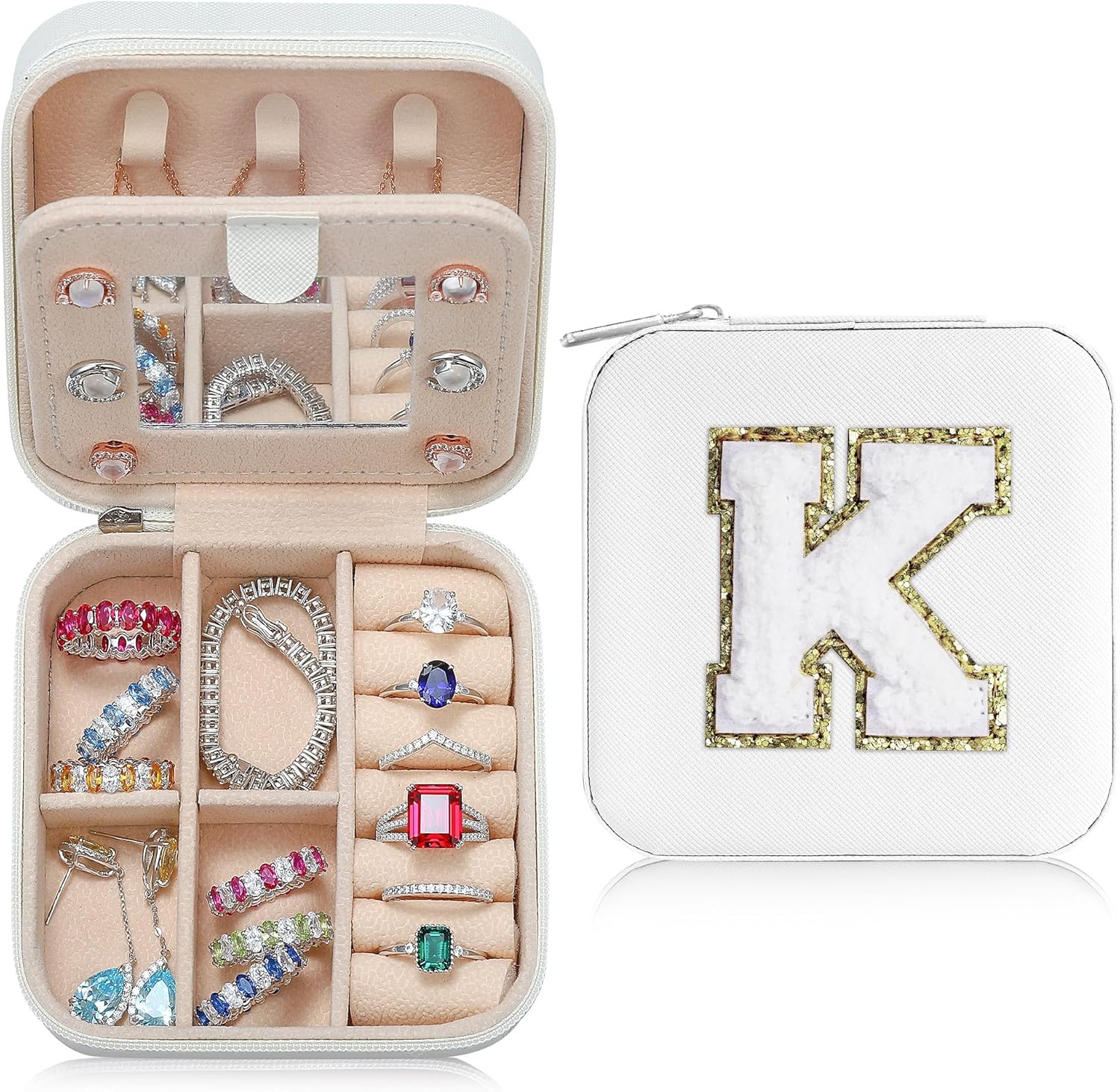 Parima Christmas Stocking Stuffers Gift for Teenage Girls Women, Travel Gifts, Small Gifts, Cute Travel Jewelry Cases Small Jewelry Box | Letter K, White