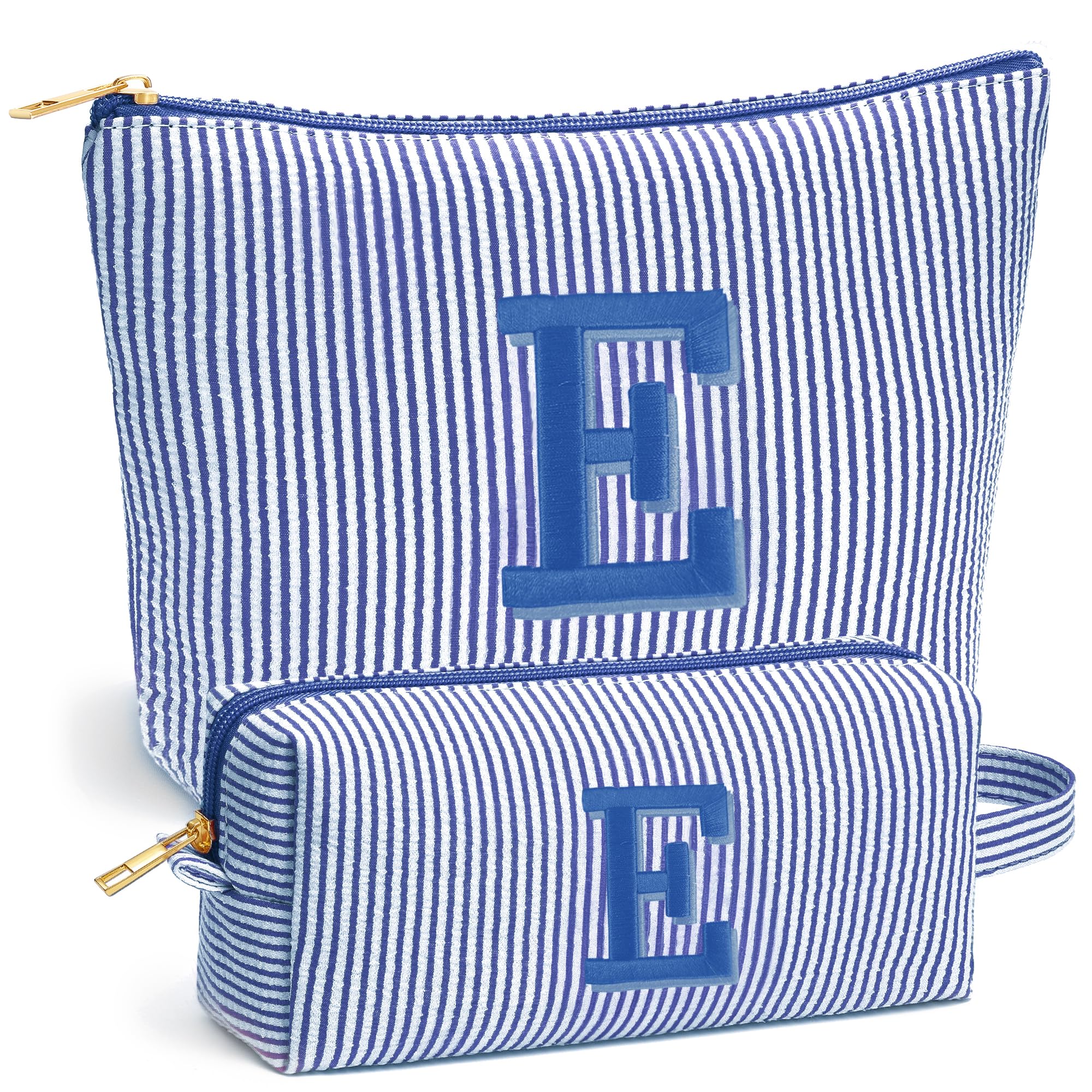 Initial Makeup Bag Set - Cute Blue Stuff for Women, Personalized Makeup Pouch Cosmetic Bag, Travel Essentials Toiletry Bag, Birthday Christmas Gifts for Women Stocking Stuffers, Blue Letter E