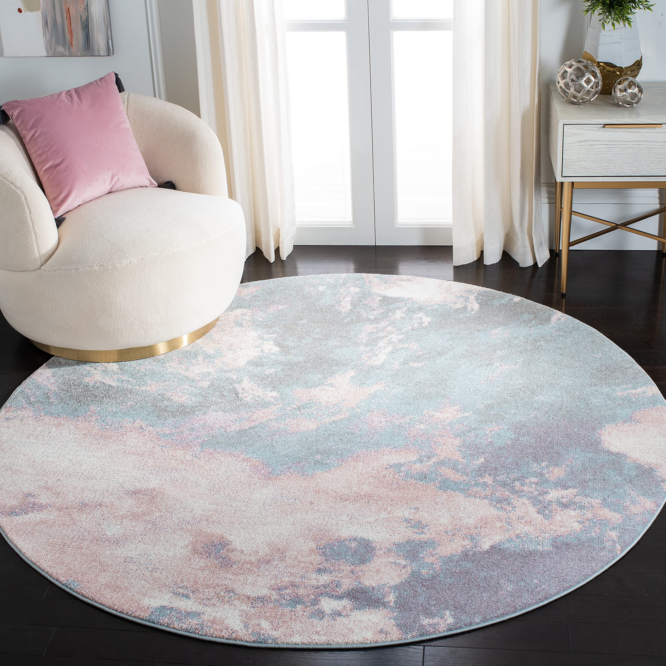 SAFAVIEH Glacier Collection Area Rug - 6'7" Round, Pink & Blue, Modern Abstract Design, Non-Shedding & Easy Care, Ideal for High Traffic Areas in