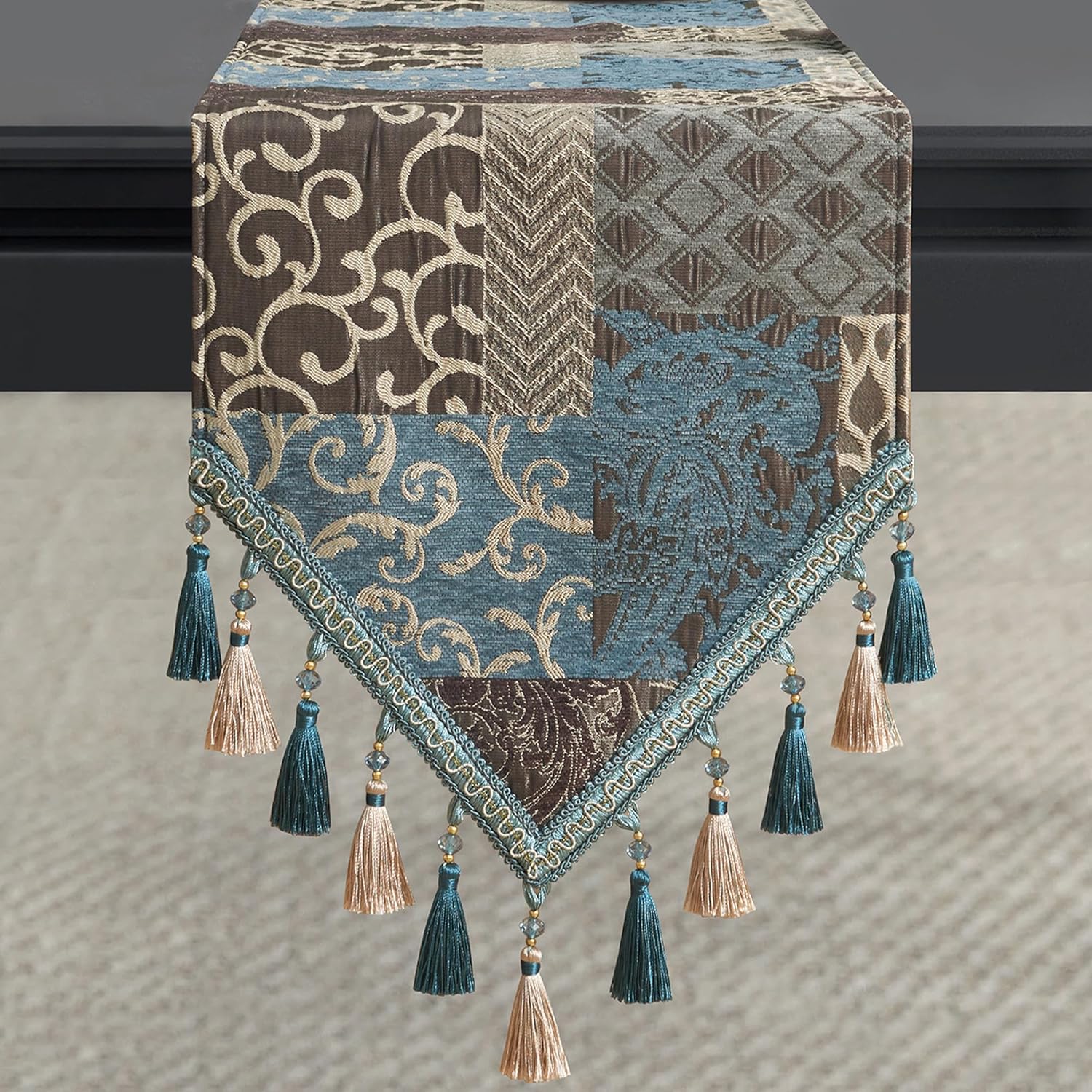 Loom and Mill Luxury Table Runner 90 Inches Long, Patchwork Chenille Damask Jacquard Dining Table Runners with Multi-Tassels for Dining Room Dresser Party Holiday Banquet Decorations (Blue,13*90 inch)