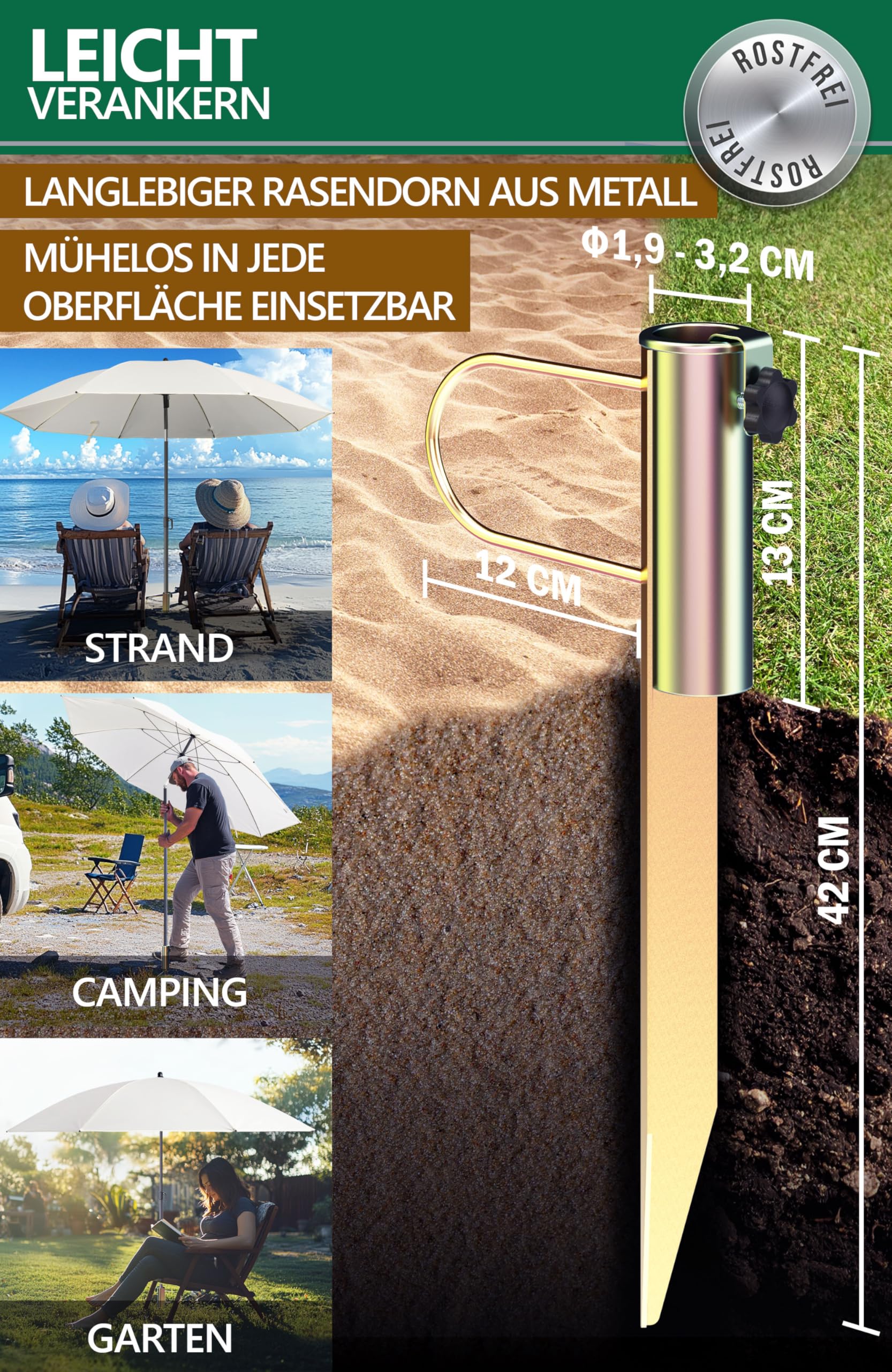 4smile Sonnenschirm Strand SunnyJoy Modern im 3er-Set, Beige - Strandschirm windfest stabil 180 cm + Rasendorn Sonnenschirmhalter + Schirmhülle - Sonnenschirm mit Rasendorn, Schirmspieß Garten
