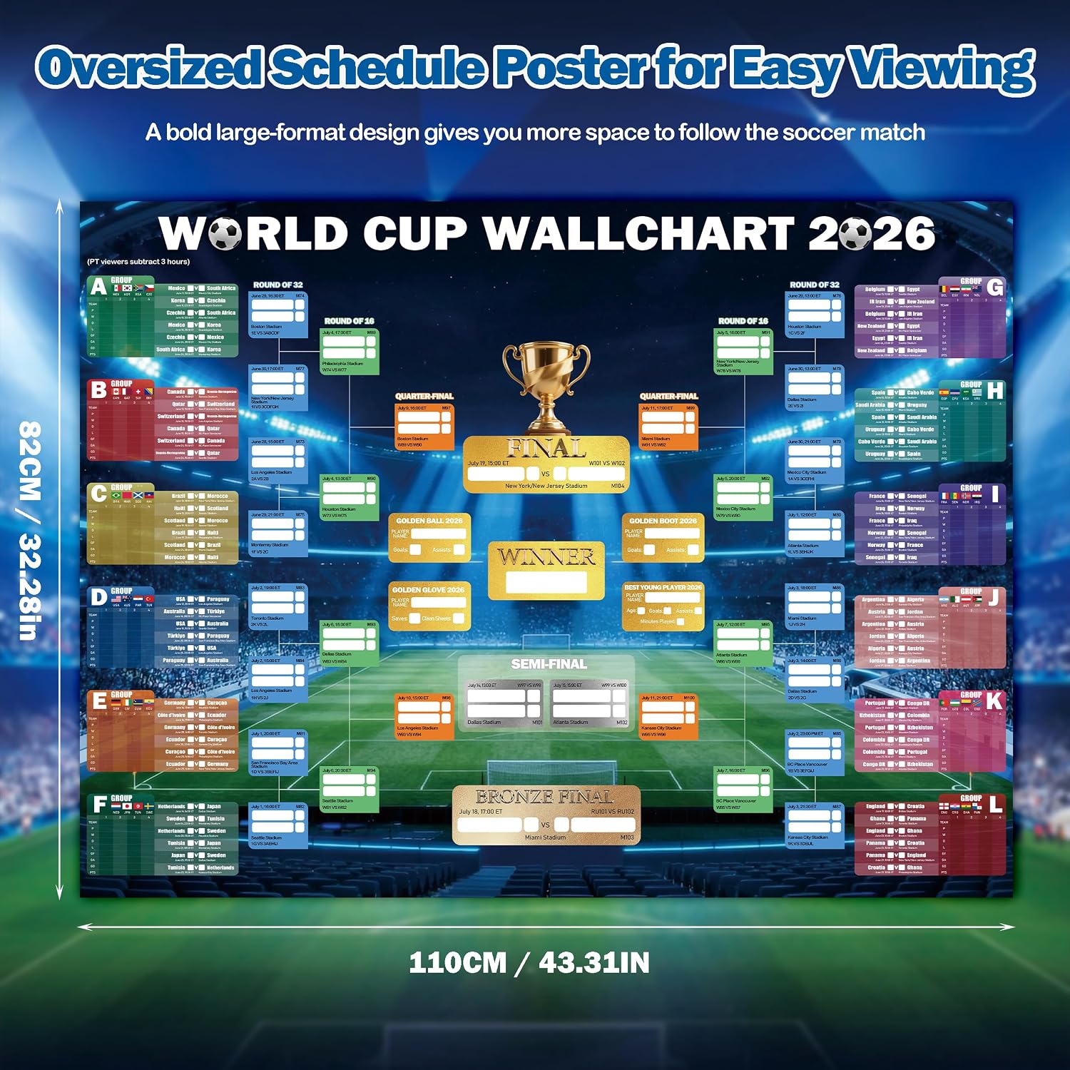 Kaitiaki 2026 Soccer Tournament Schedule Poster, 43" x 32" Extra Large Wall Bracket Poster with 48 Team Flag Stickers and Mounting Tape, Fabric Match Tracker for Home, Office, Bar and Watch Parties