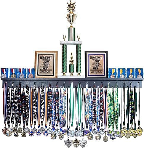 Miniatura 9 de Estante para premios de medallas de 4 pies y estante de trofeos para gimnasia, fútbol, baloncesto, fútbol y más. La exhibición de medallas y premios