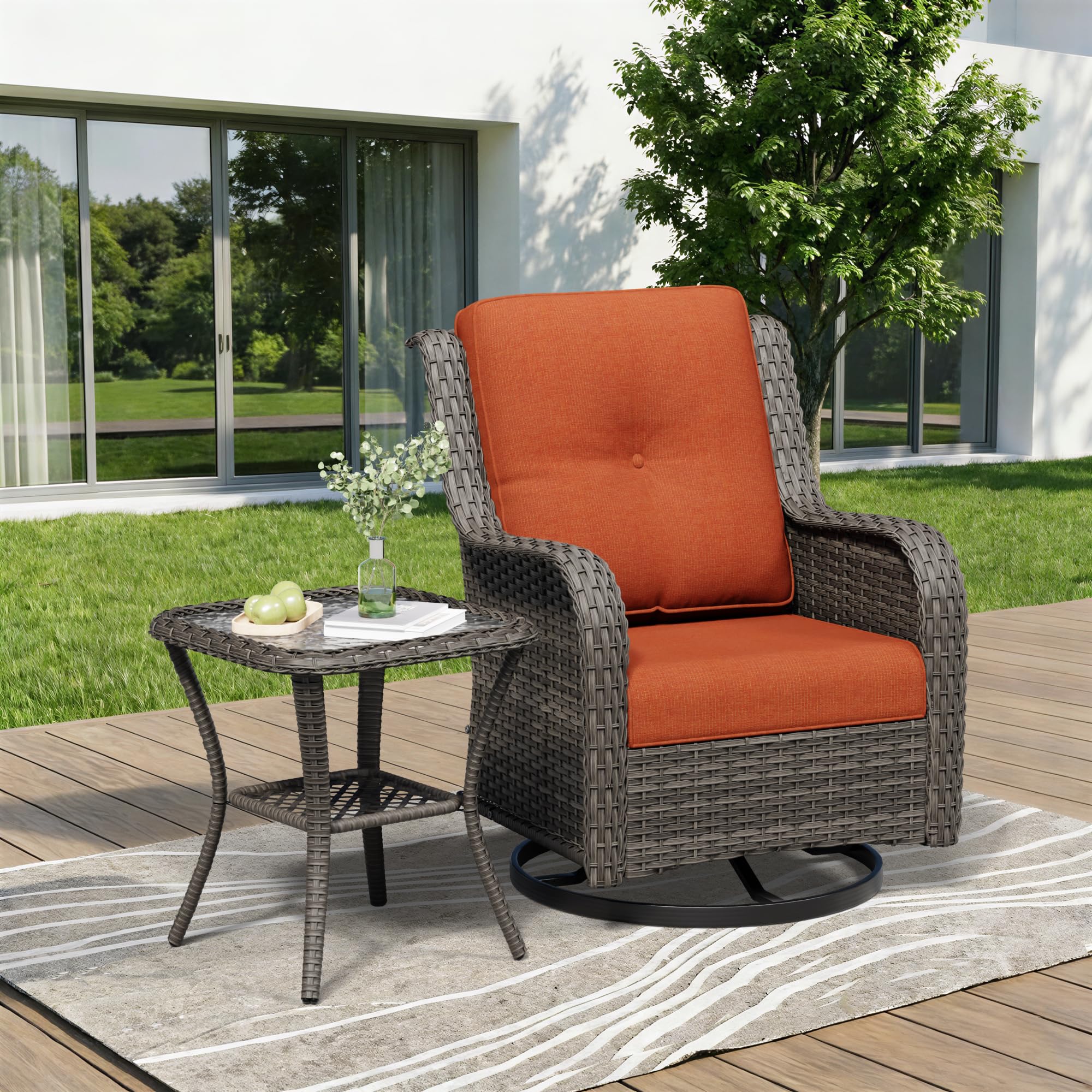 2 Pieces Outdoor Swivel Rocker Patio Chairs Set - Outdoor Wicker Patio Furniture Sets with 1 Side Table, Olefin Fabric Cushions Suitable for Backyard Deck and Porch, Orange