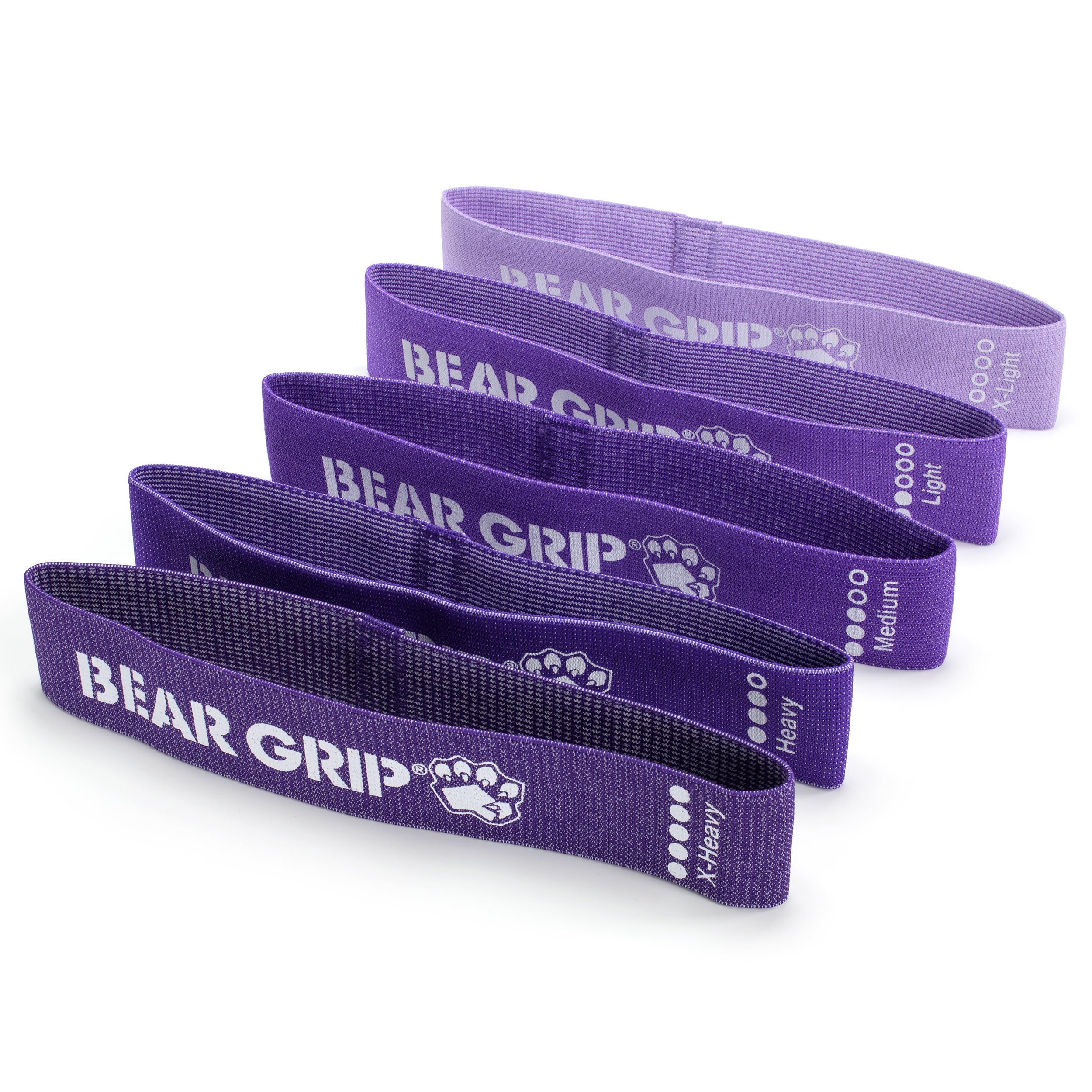 BEAR GRIP Fabric Resistance Bands for Working Out – Color-Coded Booty & Stretch Bands for Exercise, Legs, Glutes, Squats, Home Fitness, Yoga & Pilates – 5 Resistance Levels (Purple Shades, Standard)