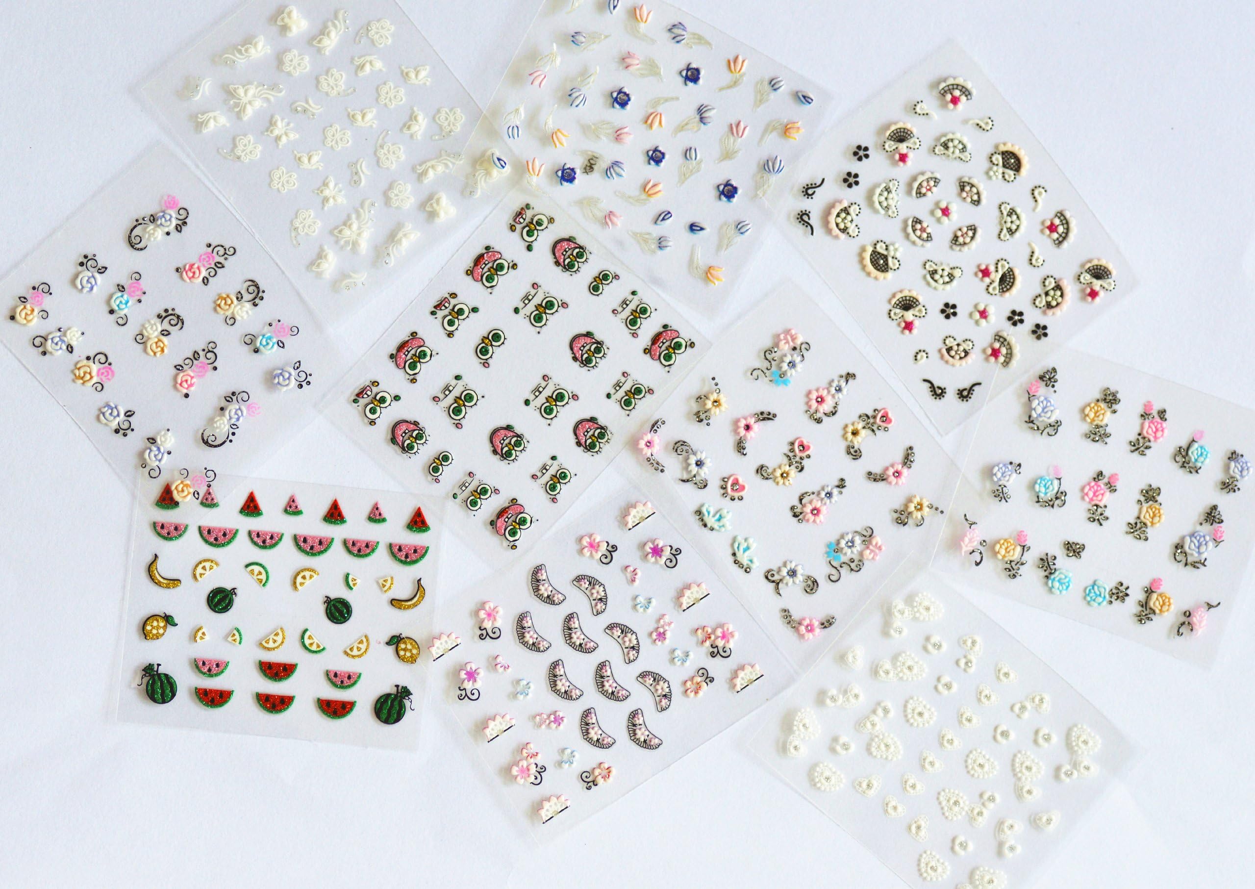 GGSELL GGSELL latest 3D new design hot selling nail sticker nail decal 10PCS/PACKAGE, the designs include colorful roses/colorful flowers/white flowers/white butterfly/cartoon watermelon/banana/etc.