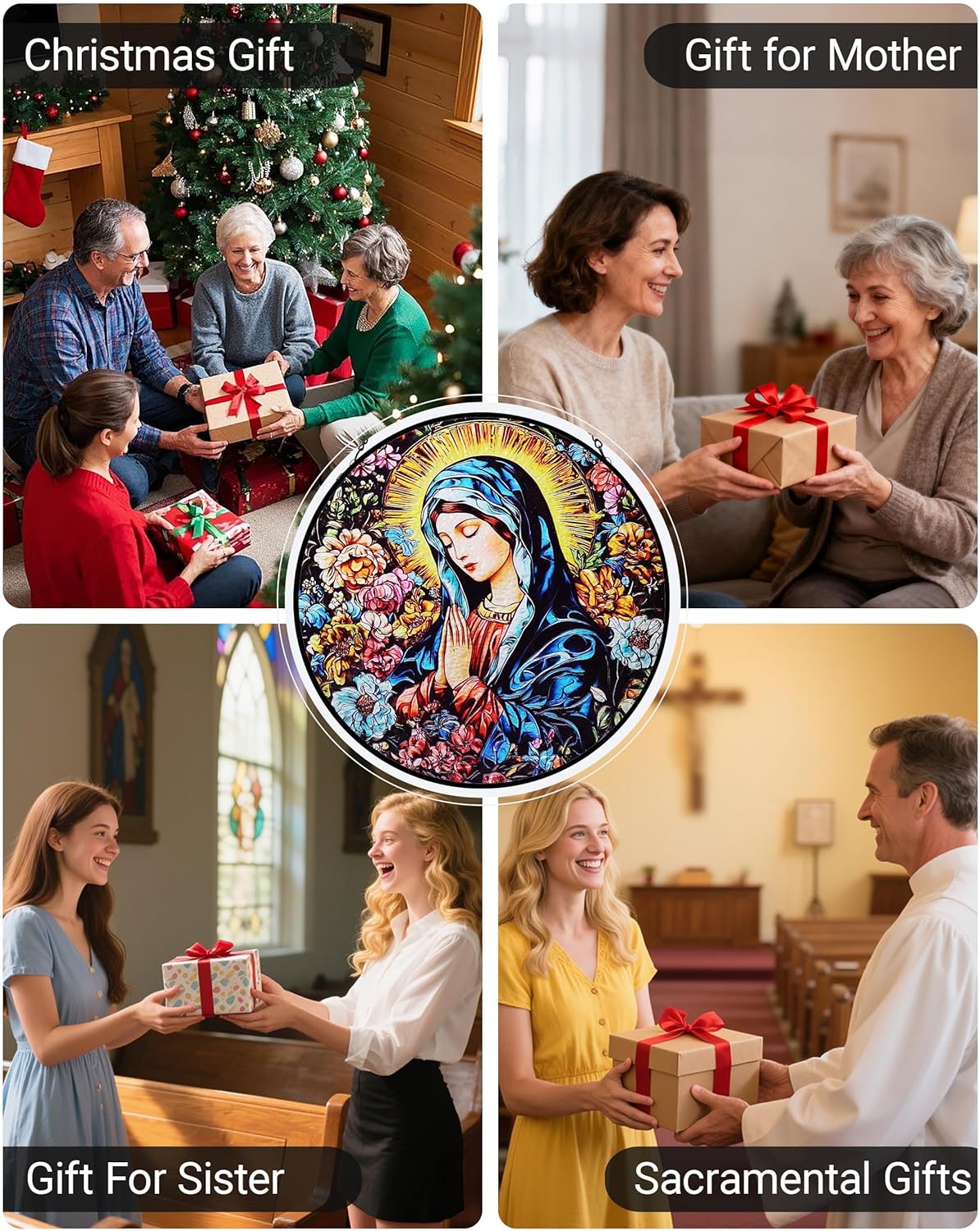 Virgin Mary & Flowers Stained Glass Window Hanging - 8" Round for Catholic Women, Religious Suncatcher for Indoor Window, Spiritual Birthday/Bereavement Gifts for Women - Image 4