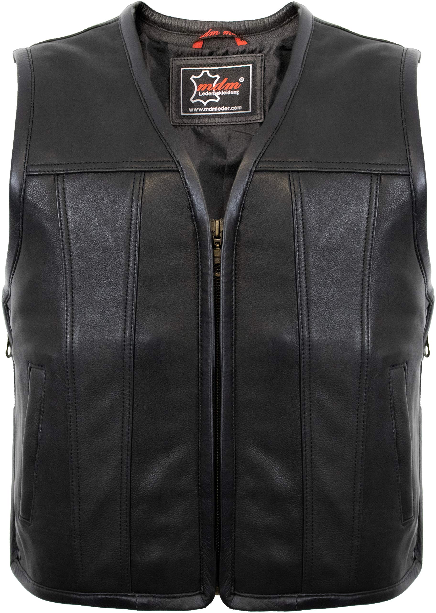 Gilet moto uomo in vero cuoio nappa bovina 1,2 mm – Gilet biker senza colletto con cerniera, tasche interne ed esterne, lati espandibili con zip, Nero