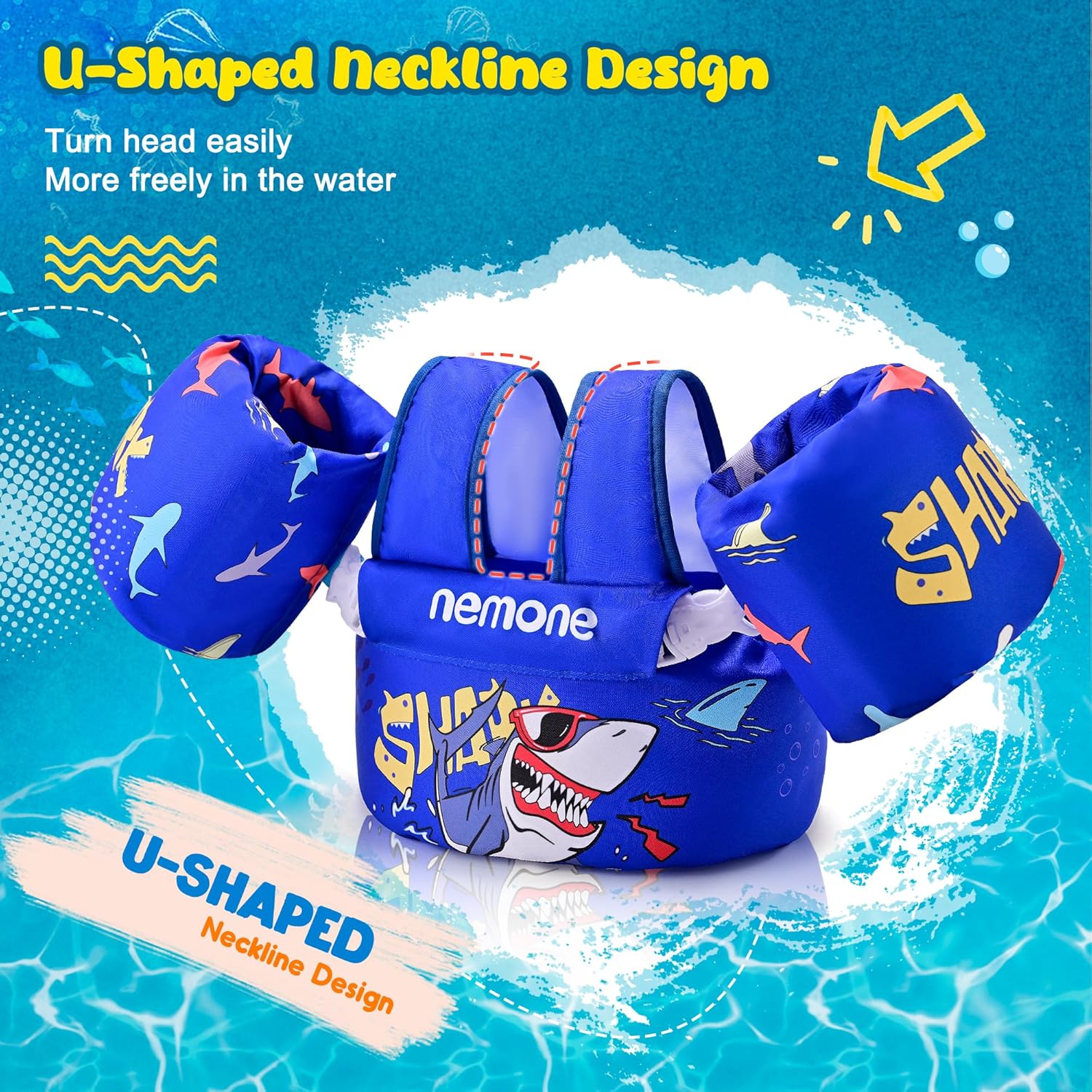 Nemone Toddler Swim Vest for 22-70 lbs Kids Floaties Swim Jacket with Arm Water Wings for Girls Boys 1 2 3 4 5 6 7 Years Old Beach Pool 20 30 40 50 60 66 Pounds Puddle Jumper