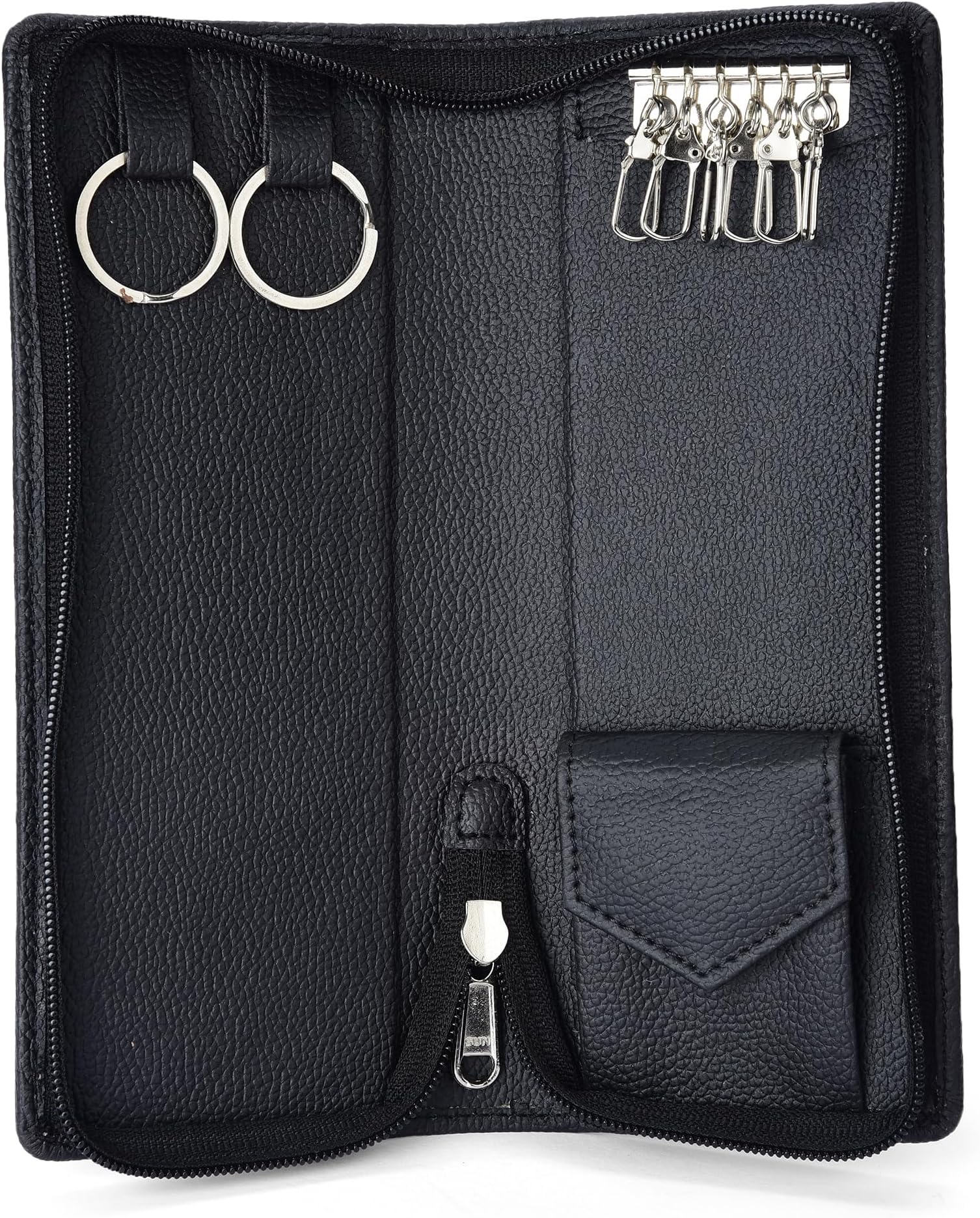 PU Leather Key Case Pouch Wallet Keychain Key holder Men & Women Key Holder, Bank Locker Key organizer with 6 Hooks Zipper Closure (Black)