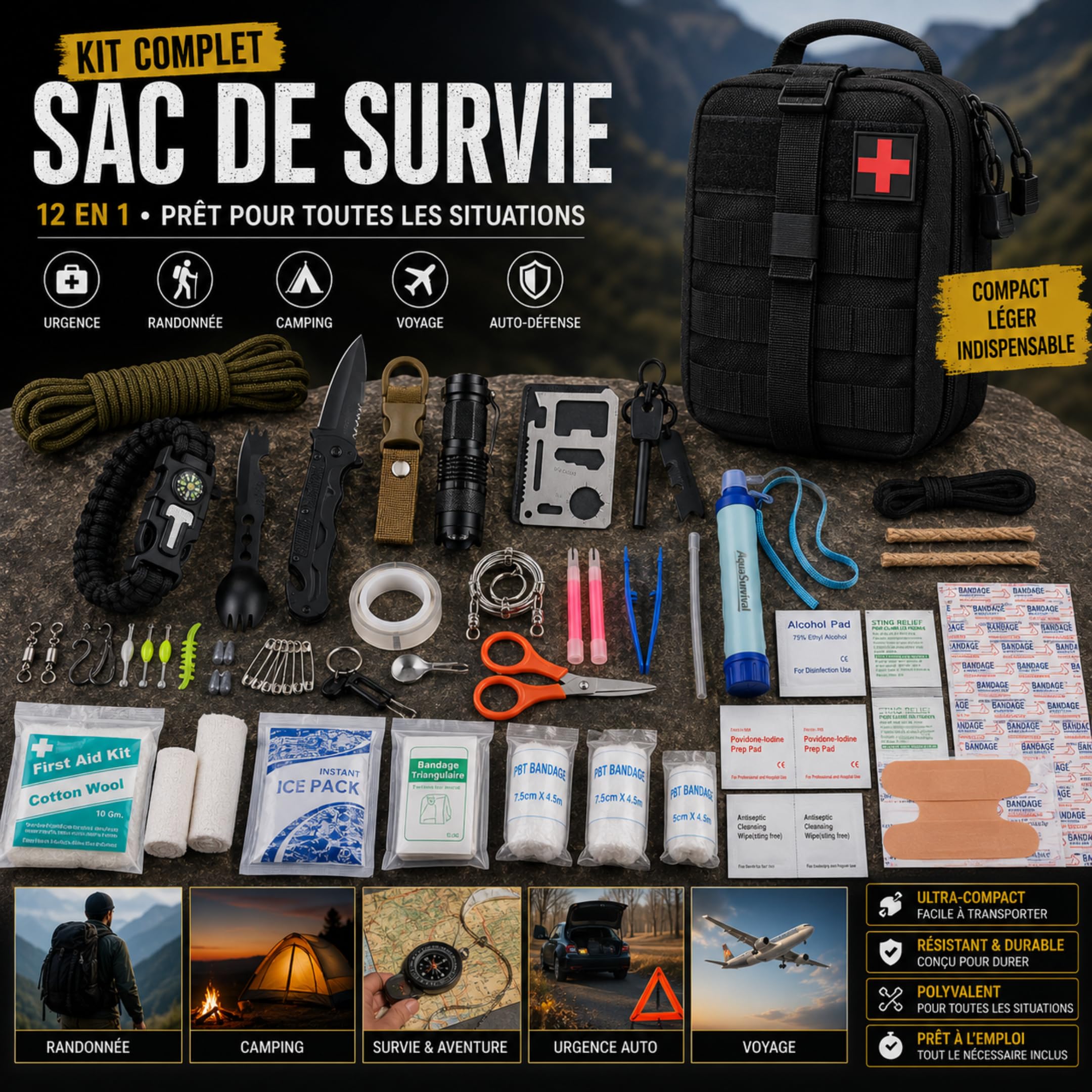 Kit de Survie Complet Catastrophe 72h Trousse de Secours Complete Urgence | Kit survie complet et sac survie robuste pour toute la famille. First aid kit survival kit urgence Survie materiel militaire