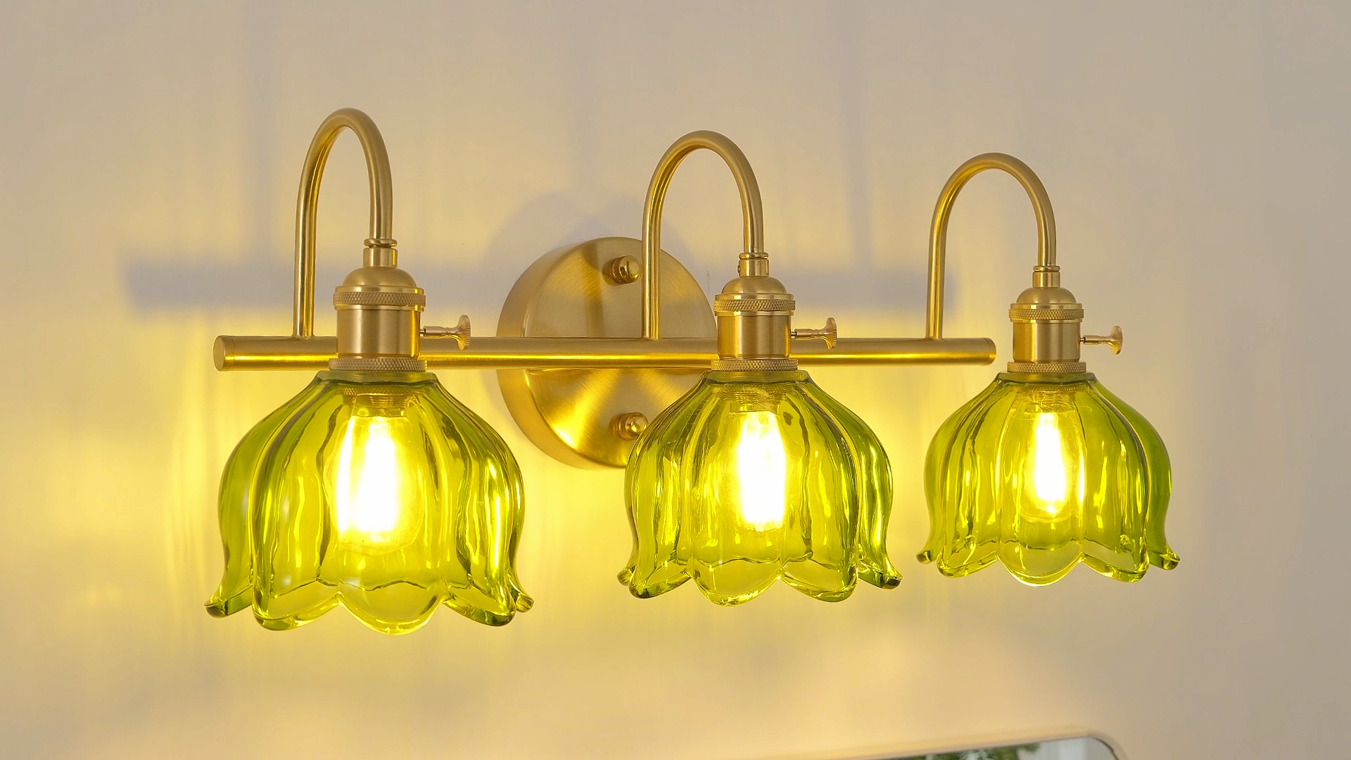 Image of Bathroom Light Fixtures Over Mirror,3-Light Brushed Gold Vanity Lights with Green Tulip Glass Shades,Vanity Lighting Fixtures for Bathroom Bedroom Kitchen Living Room Hallway
