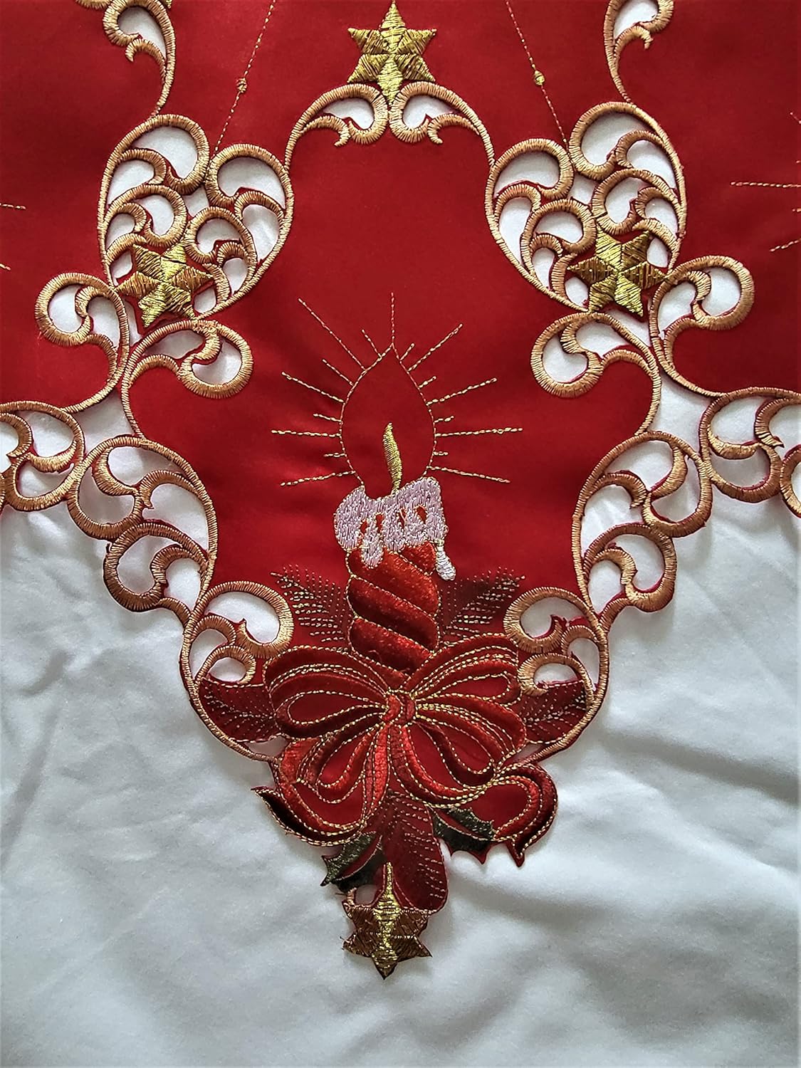 Christmas Tablecloth or Table Topper Star Embroidered with Red Candles and Gold Stars on Red Fabric, Size 36 inches
