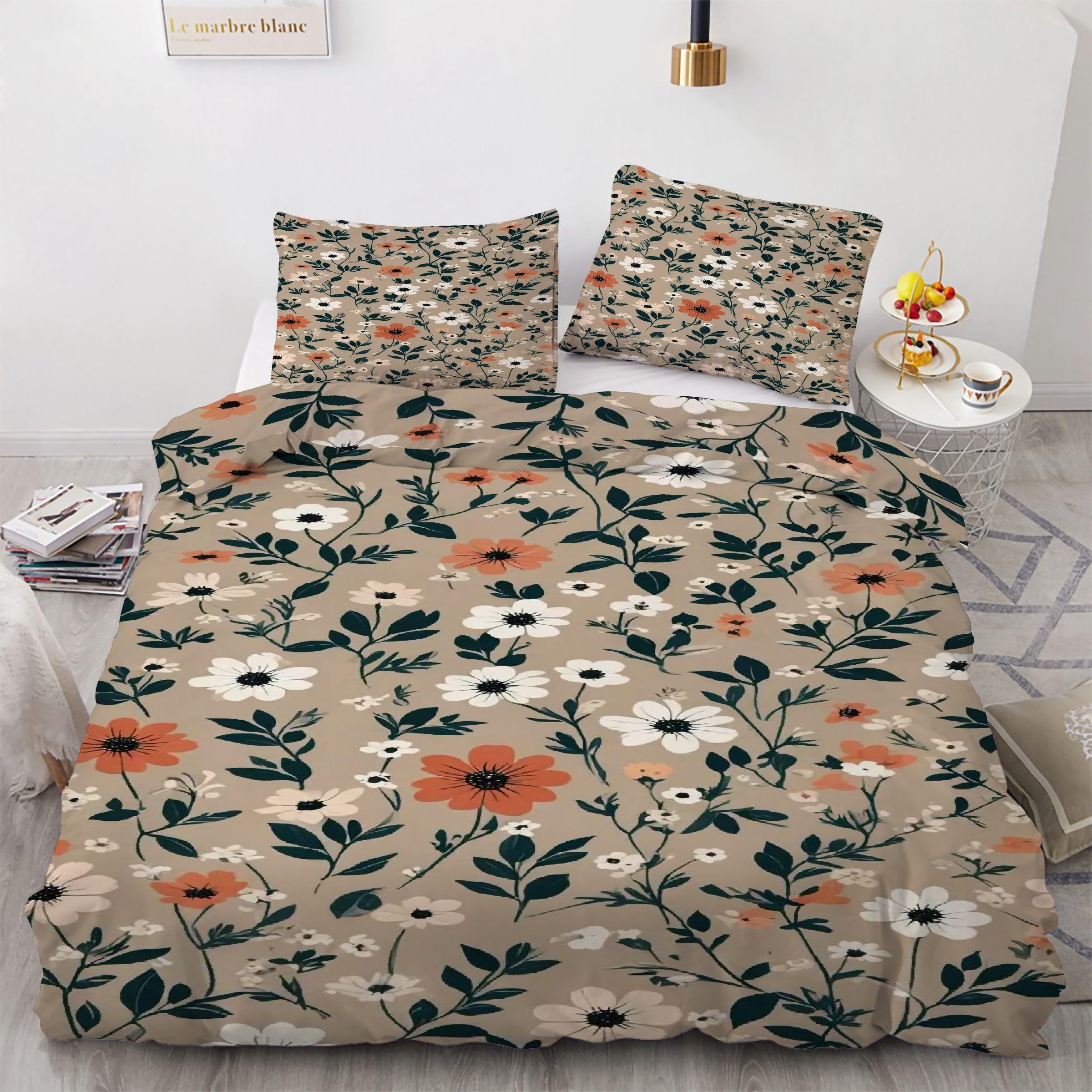 Parure de lit 3 pièces imprimé floral rétro pour une chambre parentale cosy en microfibre