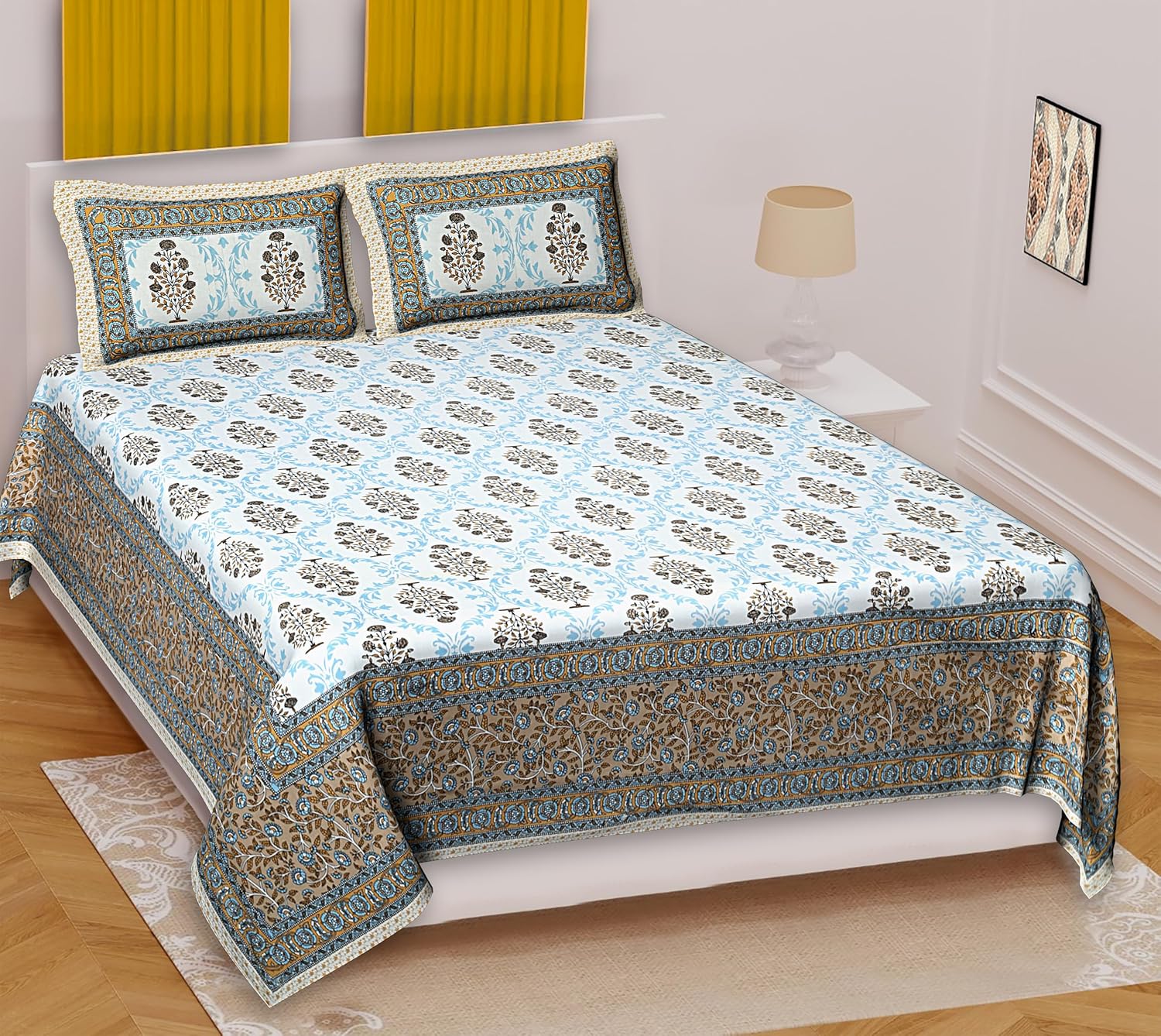 Marusthali Indian Cotton bedsheets Super King Bedpsread Rajasthani Traditional Printed Flat Sheet with 2 Pillow Cover Hand Block Bed Sheets Throw Bedspreads 108 x 108 Inches