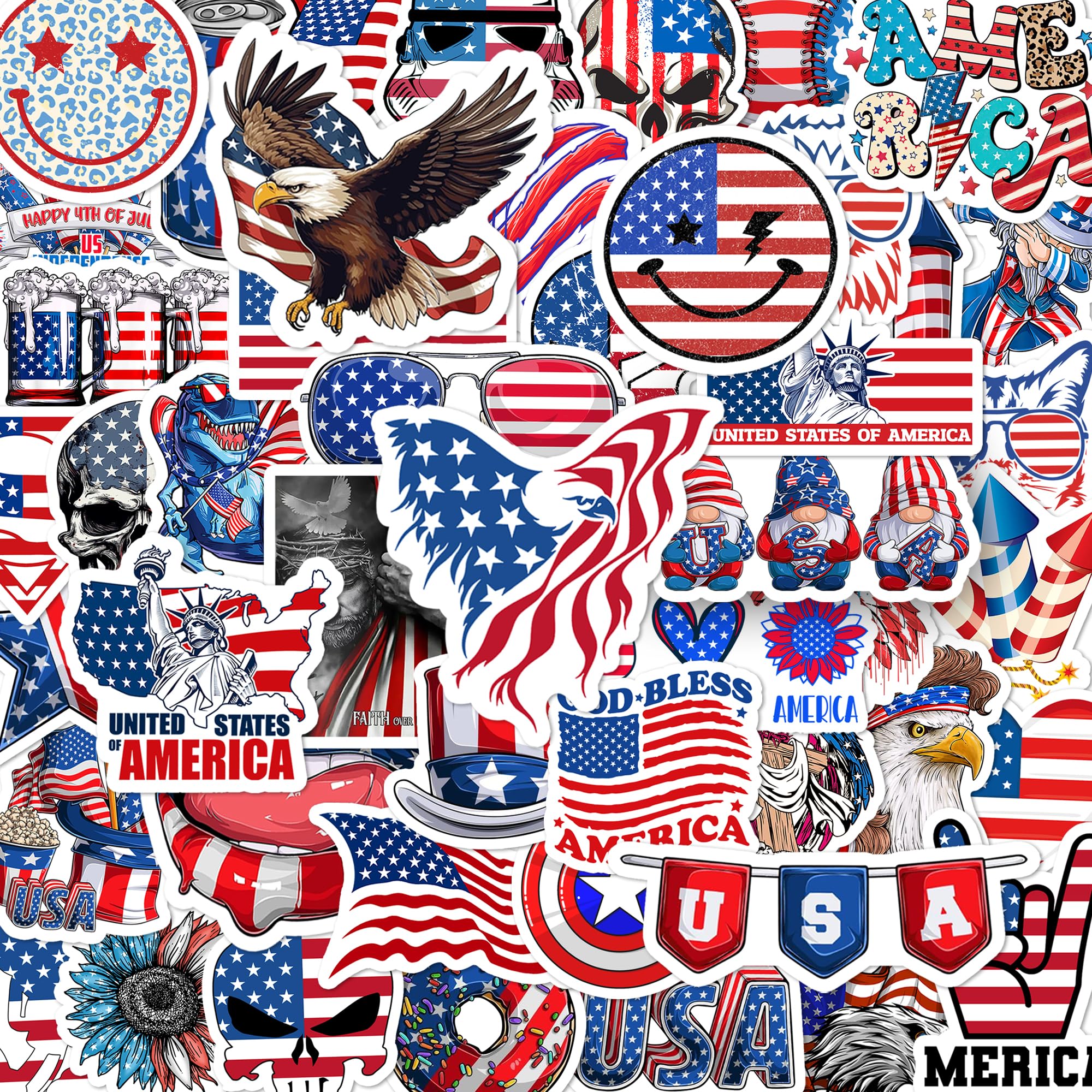 BEATRI Adesivo 4 luglio USA 50 pezzi adesivi patriottici americani in vinile impermeabile per bottiglie d'acqua decalcomanie per laptop adesivi decorazione laptop, skateboard