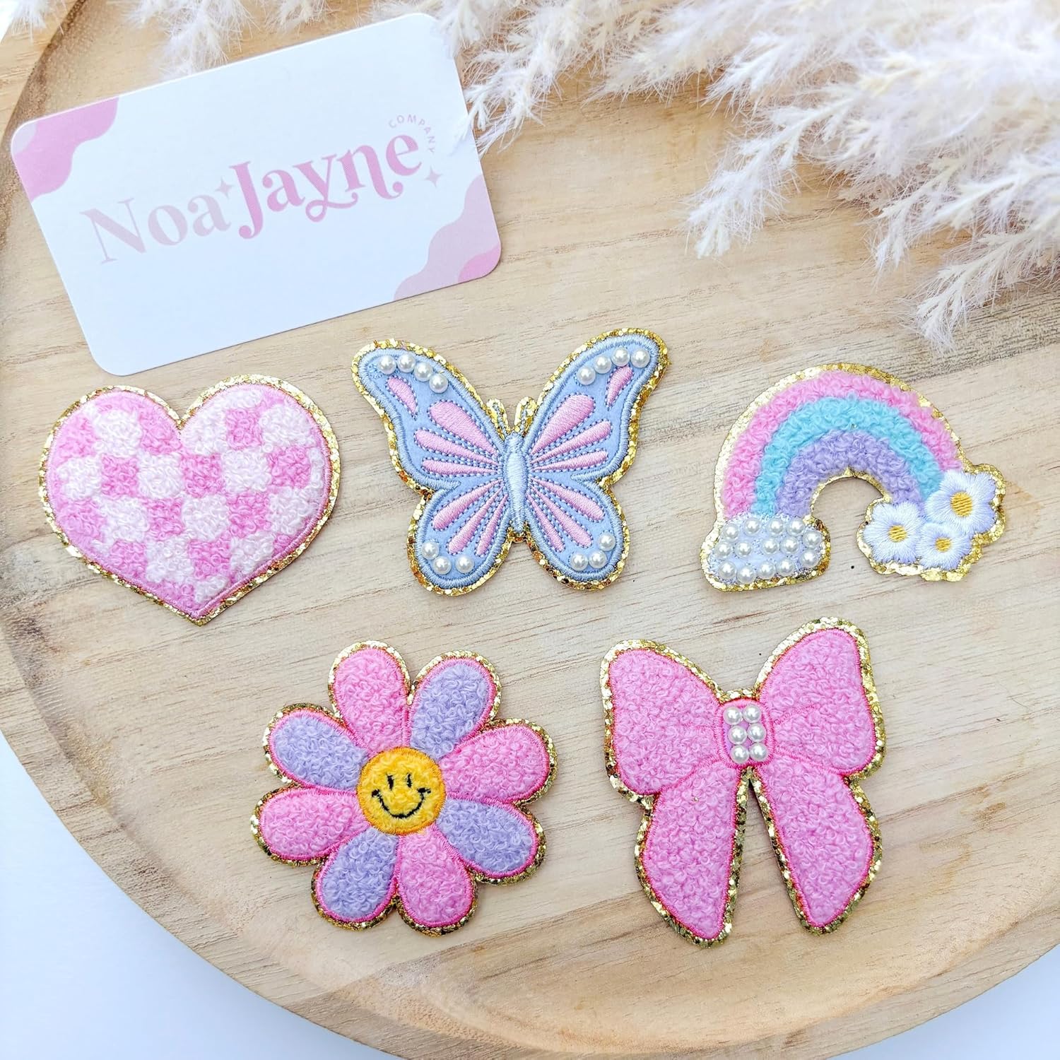 Noa Jayne Co. Chenille & Embroidered Iron-On Patches with Pearls – Rainbow, Butterfly, Bow, Checkered Heart & Smile Flower – Cute Aesthetic Appliqué for Jackets, Backpacks, Jeans & DIY Crafts