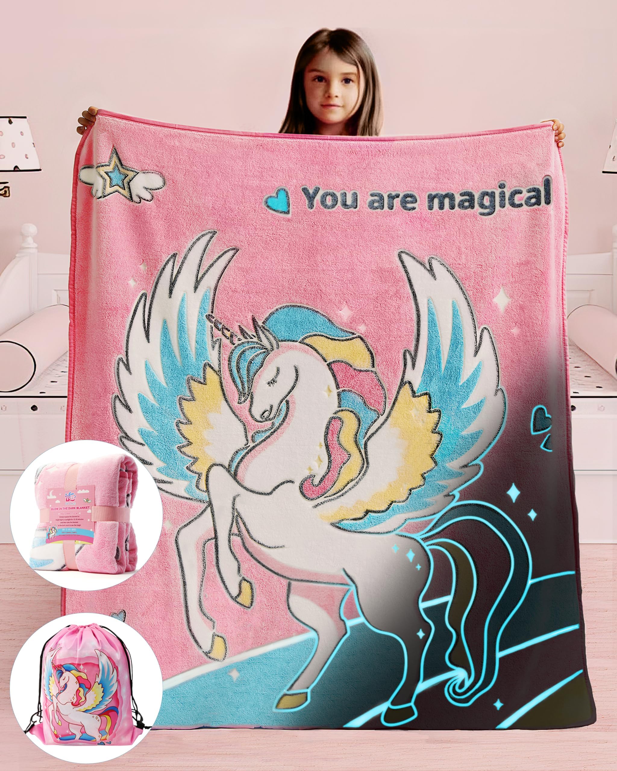 Glow in The Dark Unicorn Blanket, Unicorn Gifts for 2 3 4 5 6 7 8 9 10 Year Old Girl, Soft Pink Unicorn Throw Blanket Birthday Easter Toys for Girls Age 6-8, 50'' x 60''