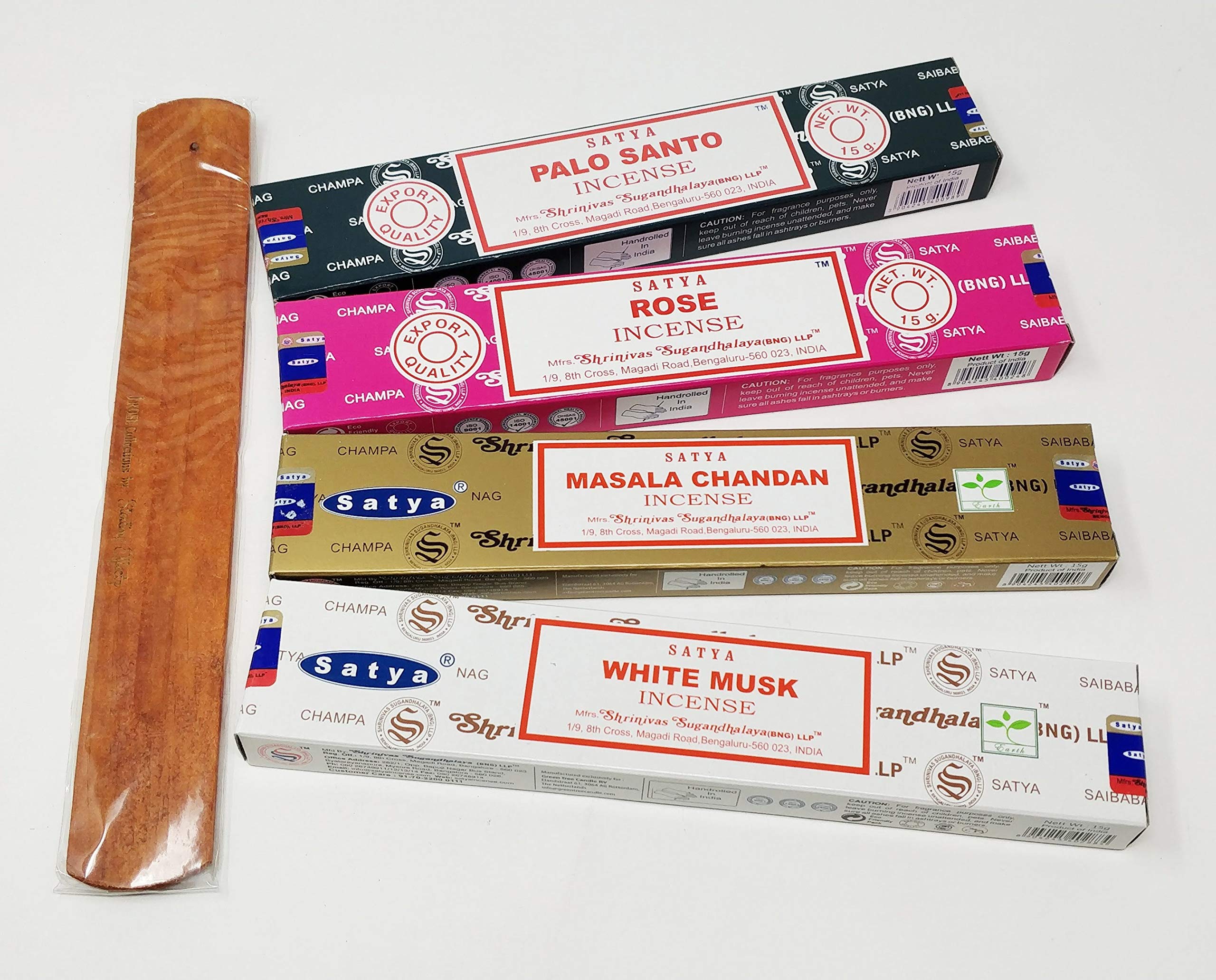 Jrose Collections White Satya Incense Sticks Mix Deal- Masala Chandan, Musk, Palo Santo, Rose With Jr Incense Holder Sn3