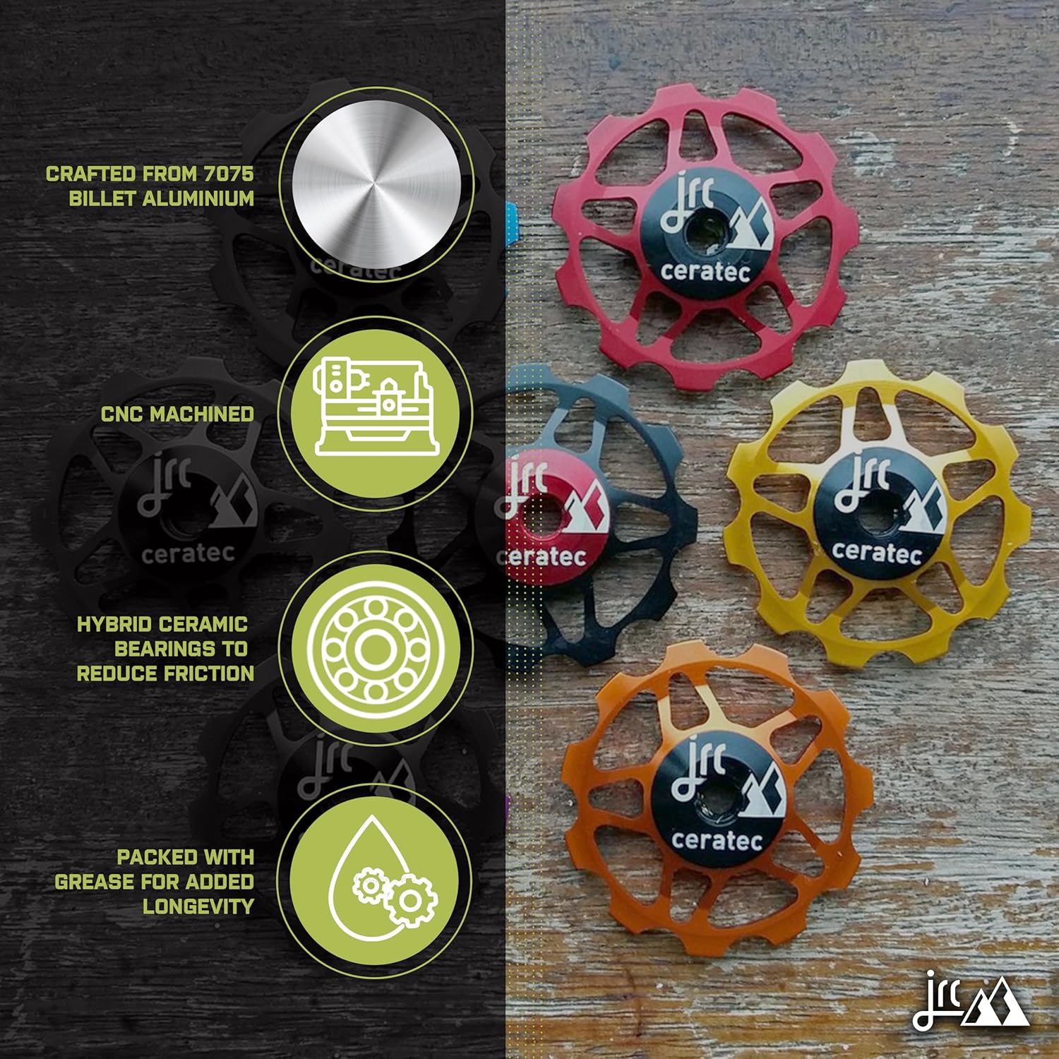 JRC Components 11T Ceramic Pulley Wheels | Compatible with Shimano, SRAM & Campagnolo 9/10/11 Speed for Road Systems | Hybrid Ceramic Derailleur Pulley Wheels
