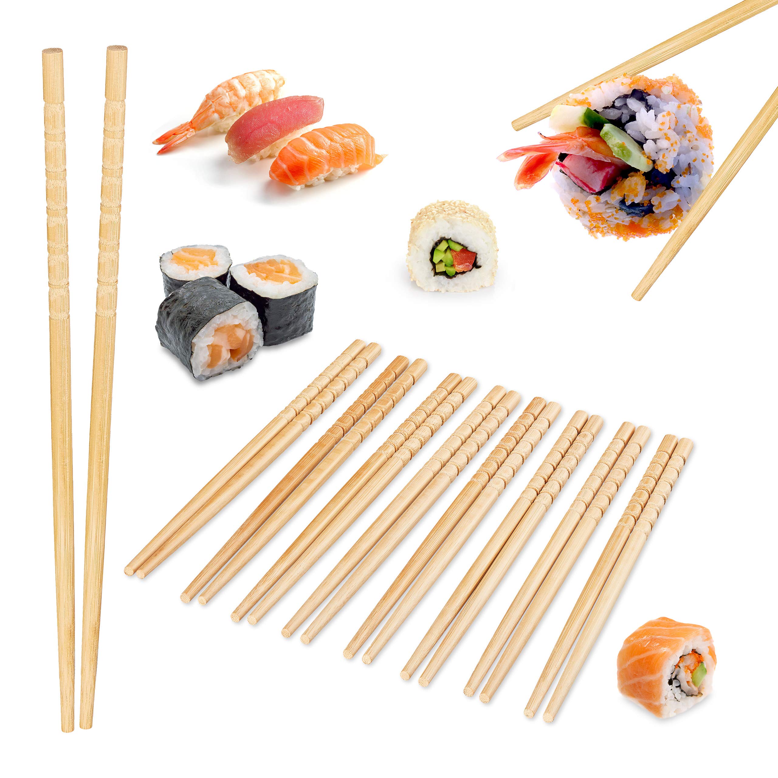 Relaxdays ASIA DELUXE Chopsticks, 10 Pairs, Reusable Asian Utensils, Chopstick Set, Non-slip, 24 cm, Bamboo, Natural