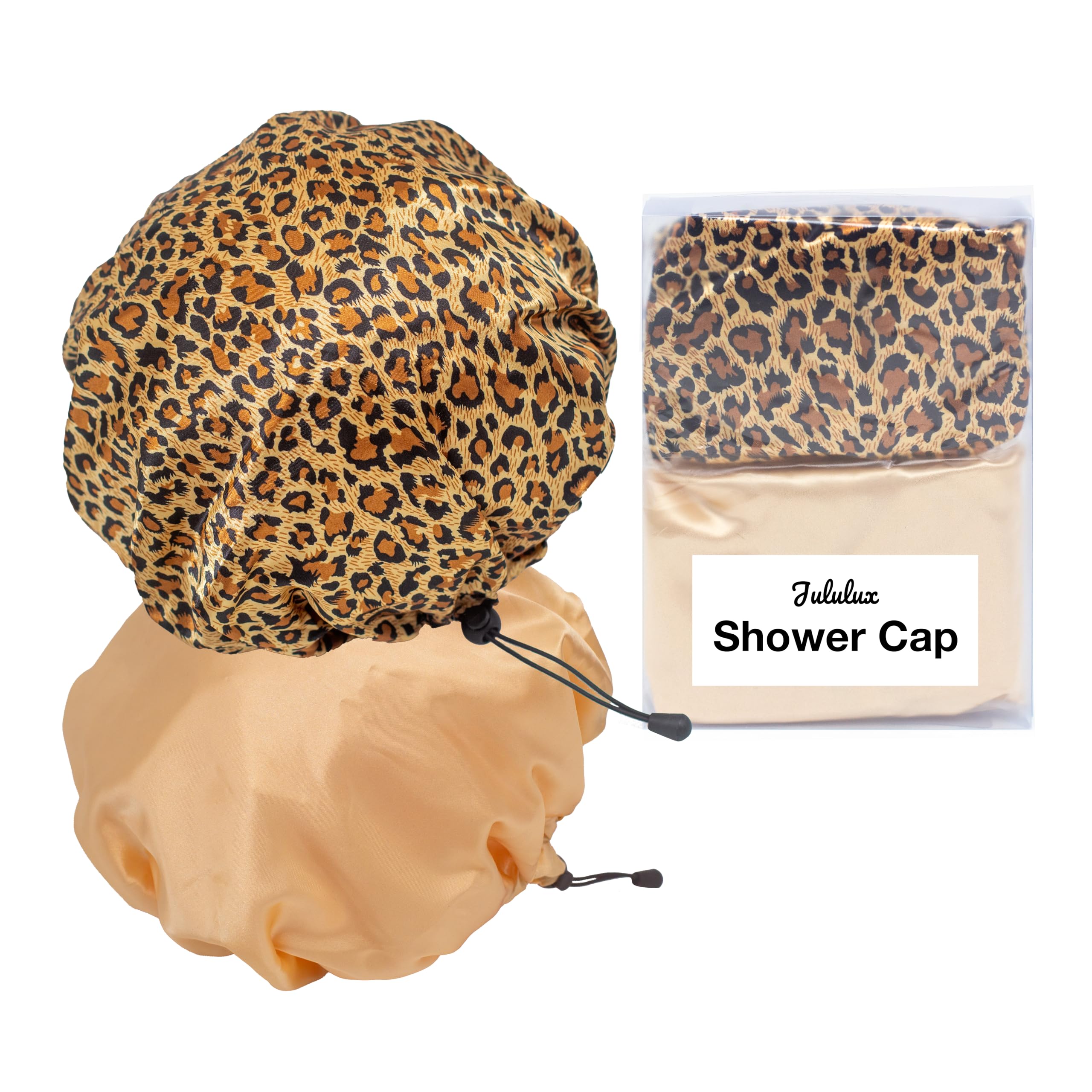 Photo 1 of JULULUX Reusable Shower Caps, 2-Pack, Champagne Gold/Leopard, One Size