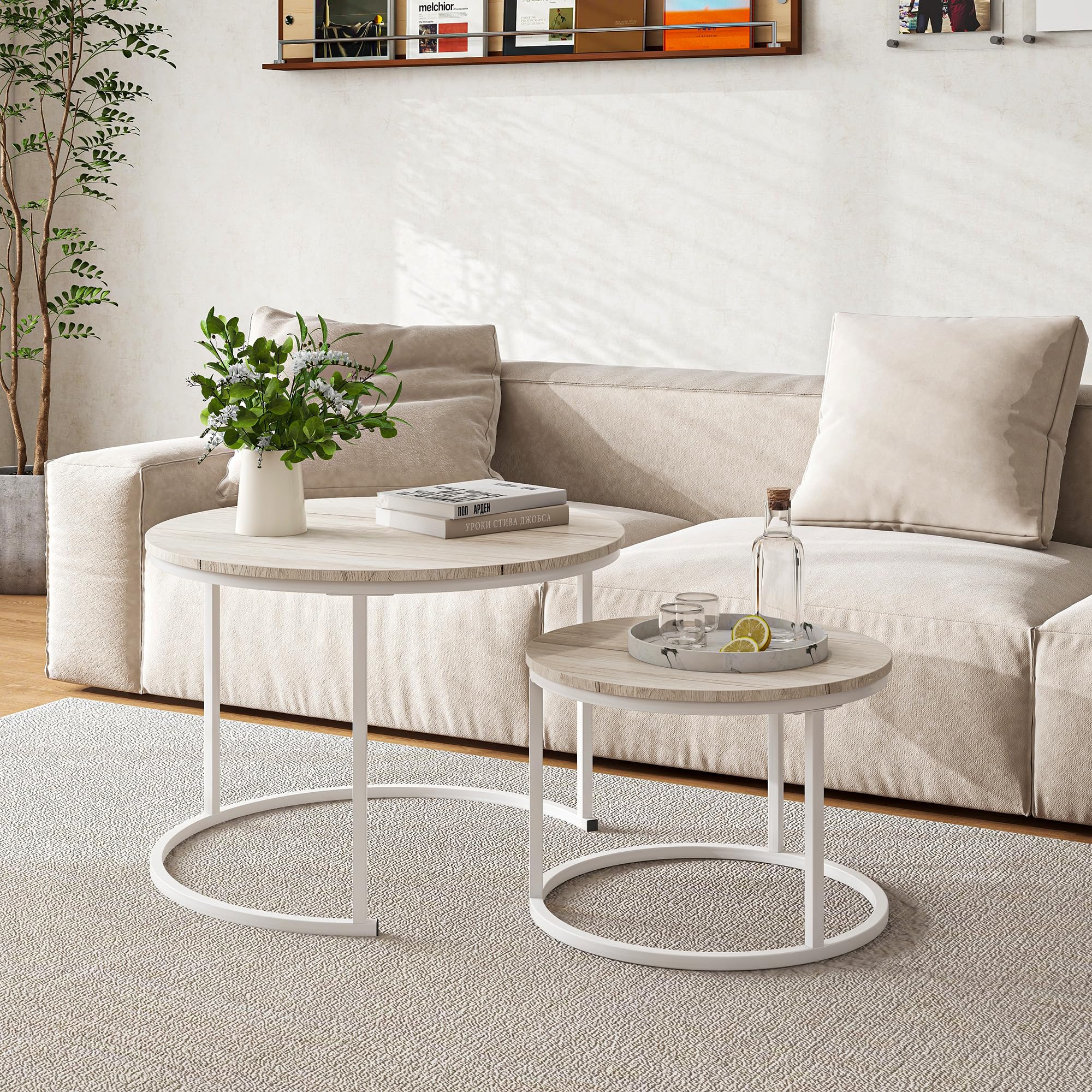 HOJINLINERO Juego de 2 mesas auxiliares redondas para sala de estar, mesa de roble resistente y fácil de montar, moderna apilable para dormitorio