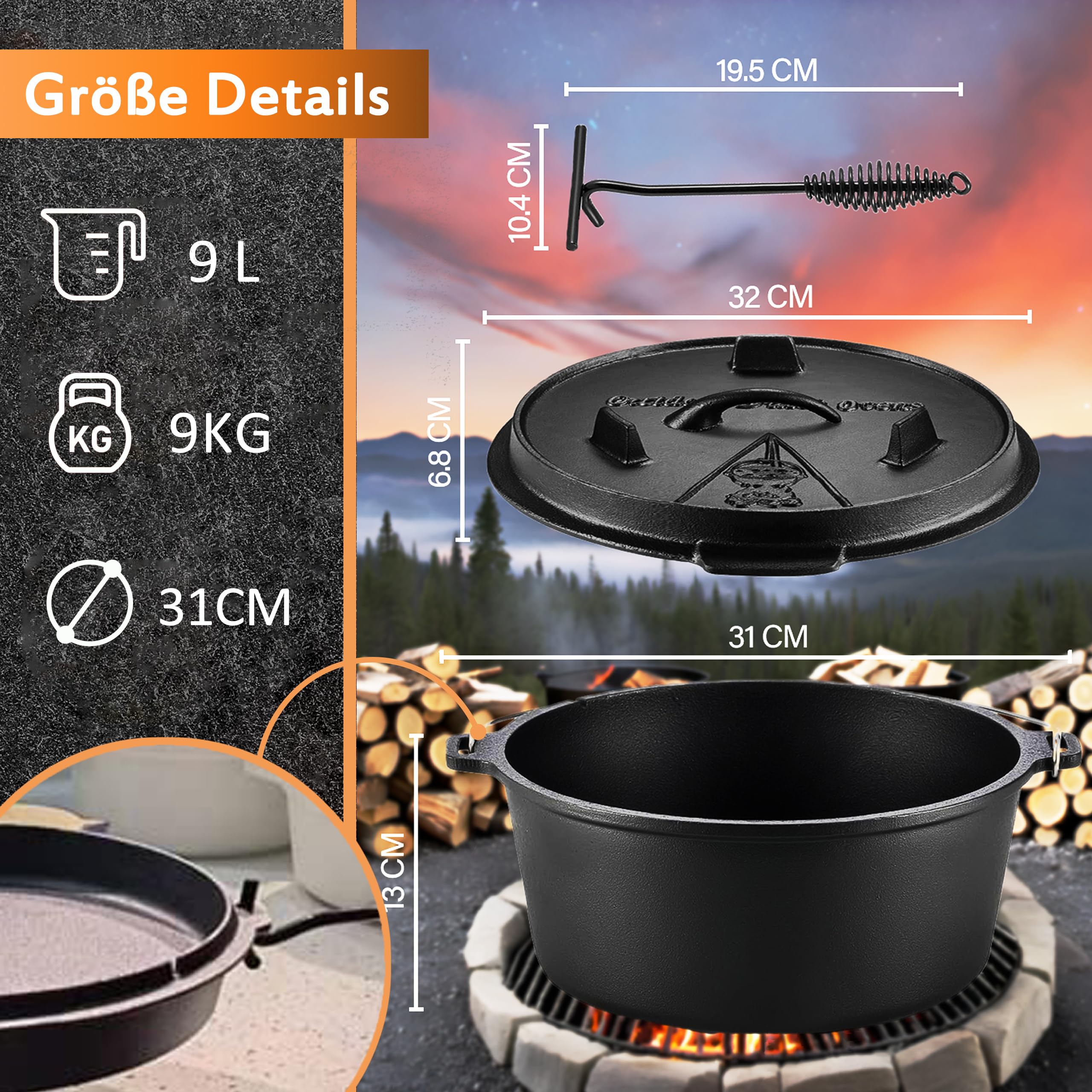 Dutch Oven, Dutch Oven Set 9 liter, Eingebrannter Feuertopf mit Deckelheber, 2in1 Gusseisen Topf mit Doppelfunktions-Deckel, Für Outdoor and Indoor, Schwarz