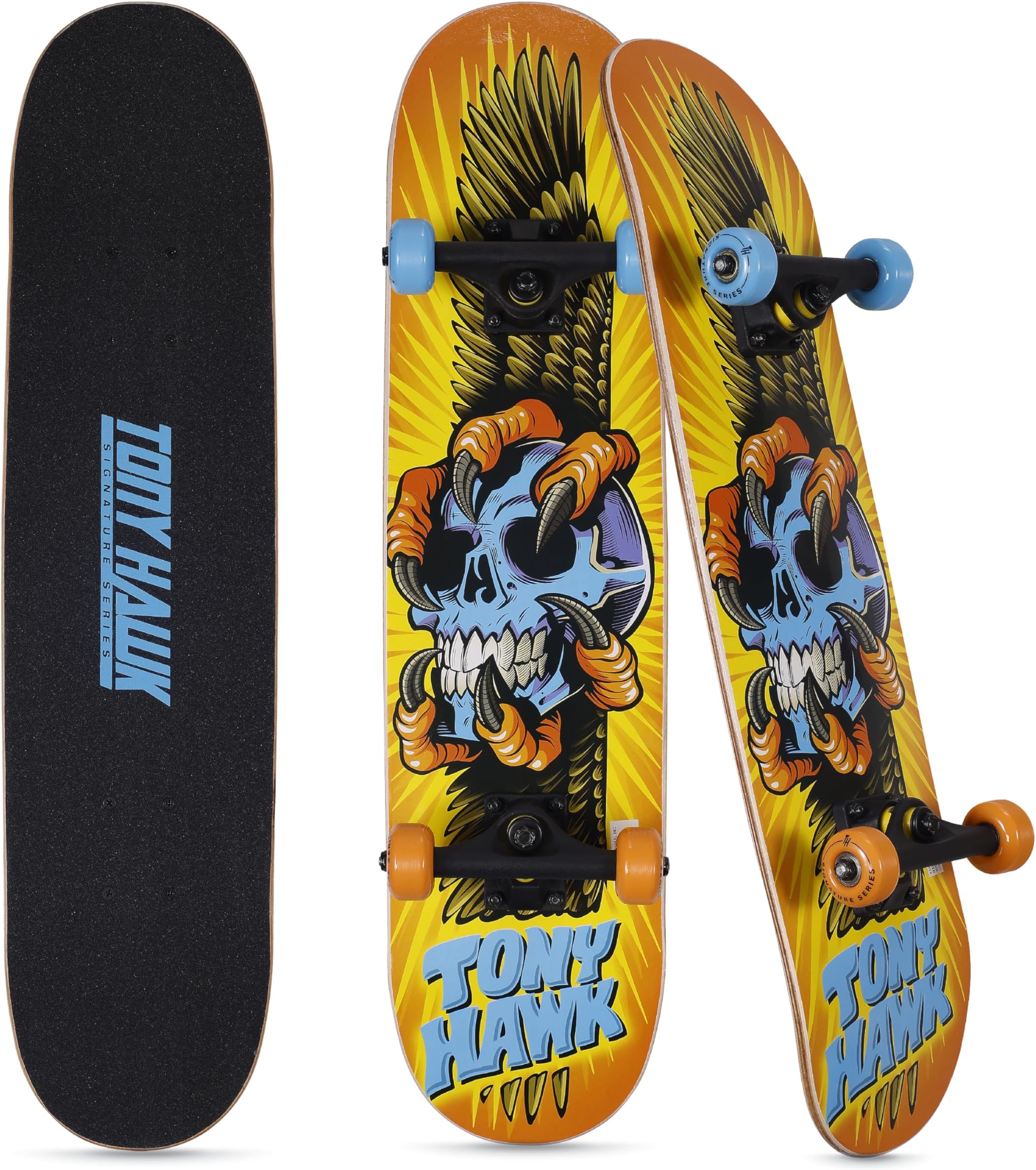 Tony Hawk 31 inch Skateboard, Tony Hawk Signature Series 1, 9-ply Maple Deck Skateboard for Cruising, Carving, Tricks and Downhill, Skull/Claws/Wings