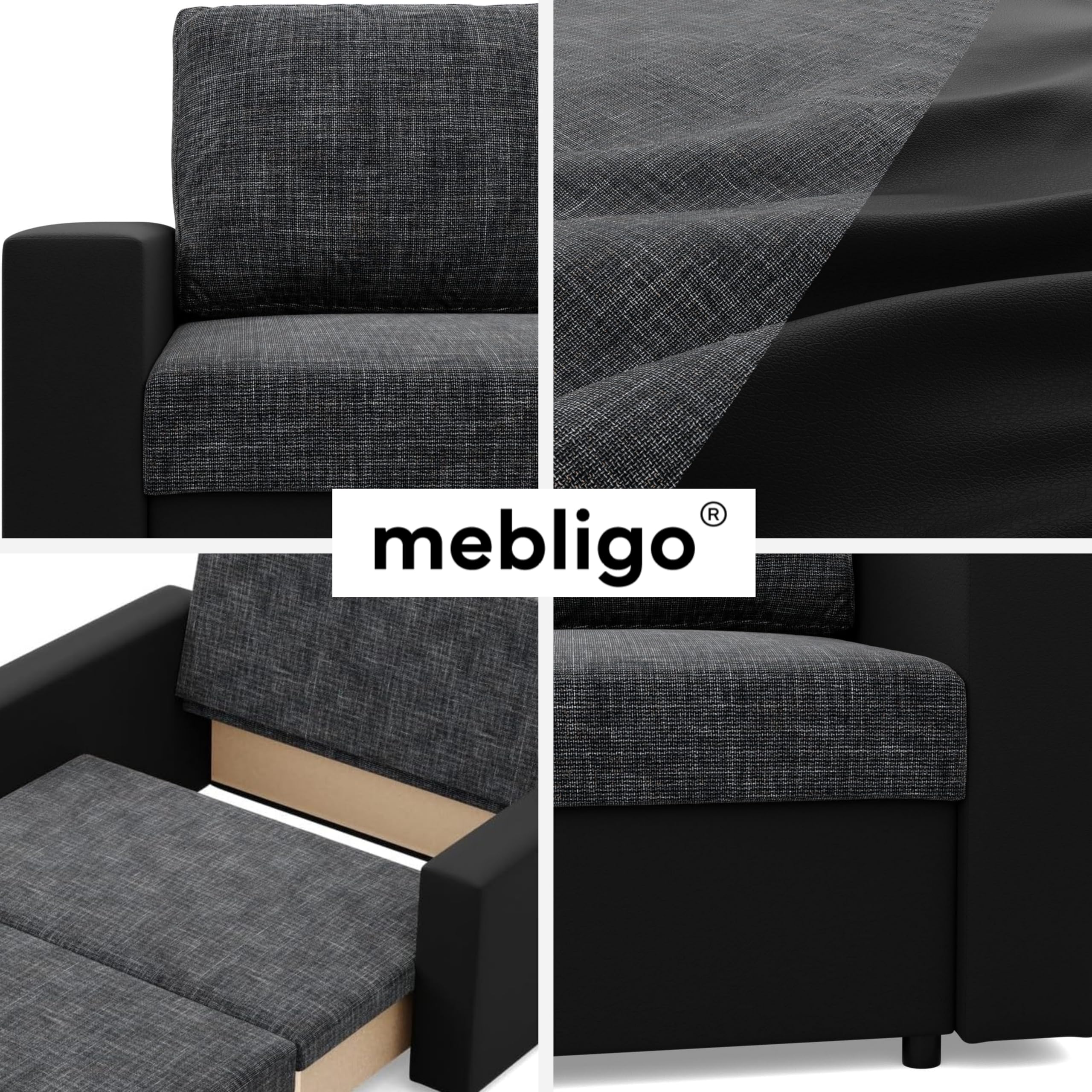 Mebligo - Zweisitzer Sofa Wohnzimmer mit Schlaffunktion, Bettkasten und Kunsteleder 148x90x87 (BxHxT) Dunkelgrau und Schwarz Luna, Schlafsofa Platzsparend, Schlafcouch, Sofabett, Sofa Bed, Bettsofa