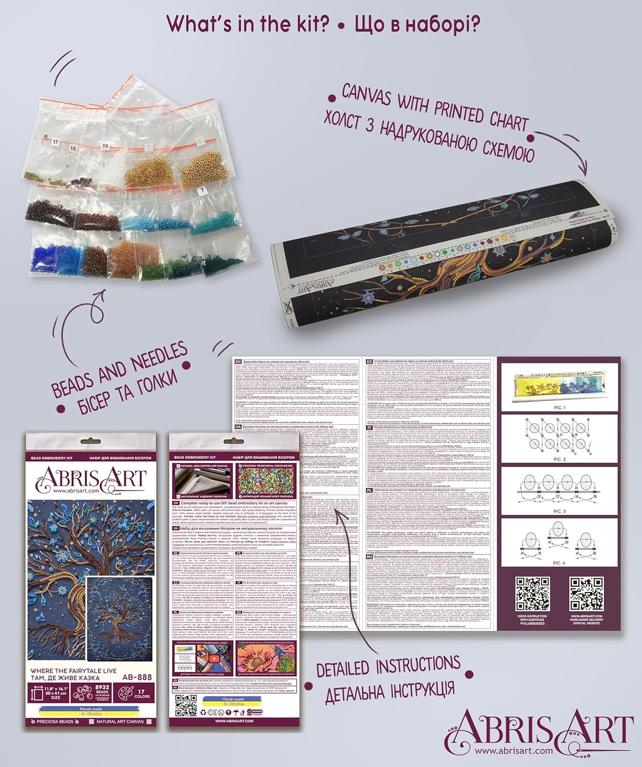 Wizardi Bead Embroidery Kit - Where the Fairytale Live. Colorful Beads, Beading Needles. DIY Kit. Embroidery for Beginners. Home Decor. AB-888 Abris Art